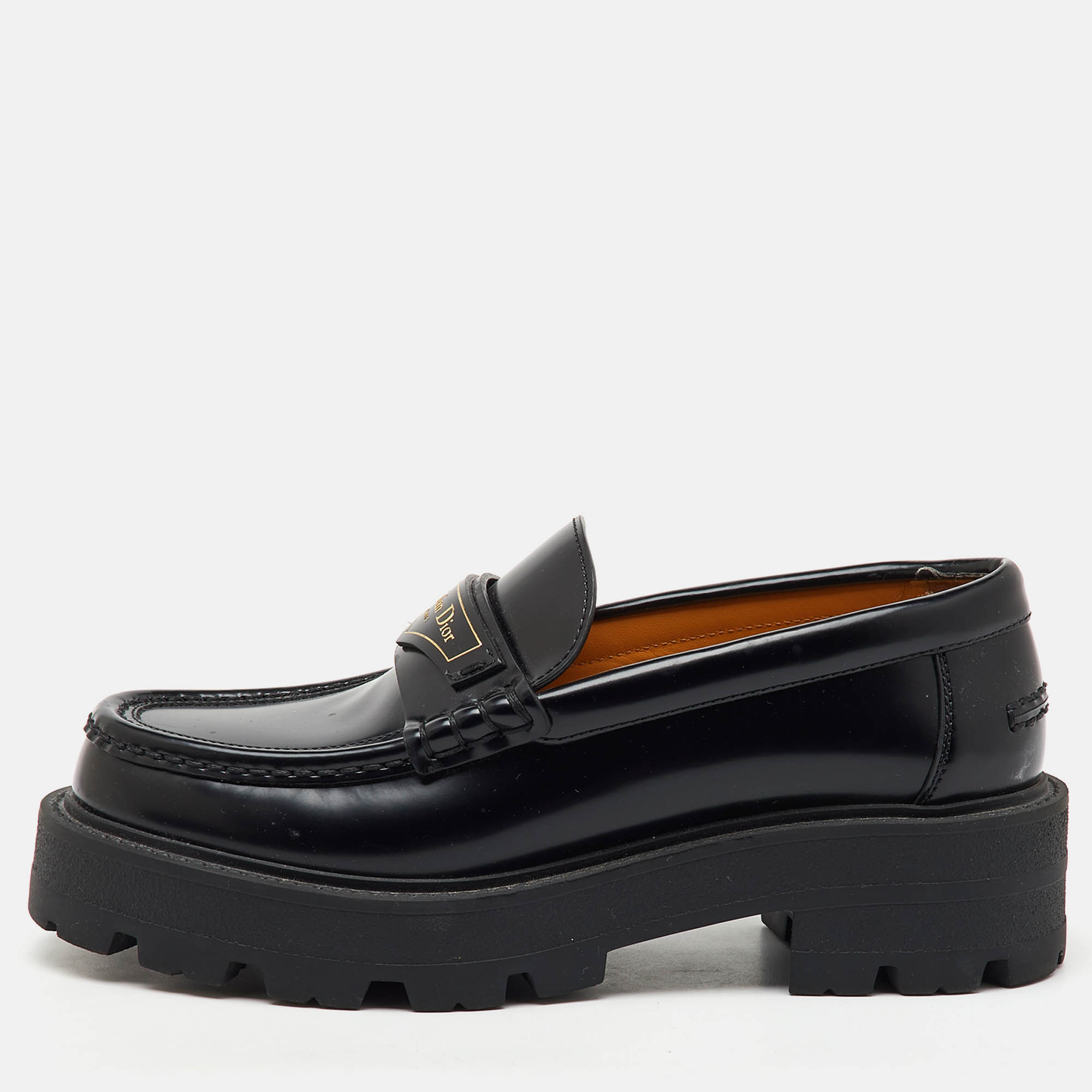 

Dior Black Brushed Leather Boy Platform Slip On Loafers Size