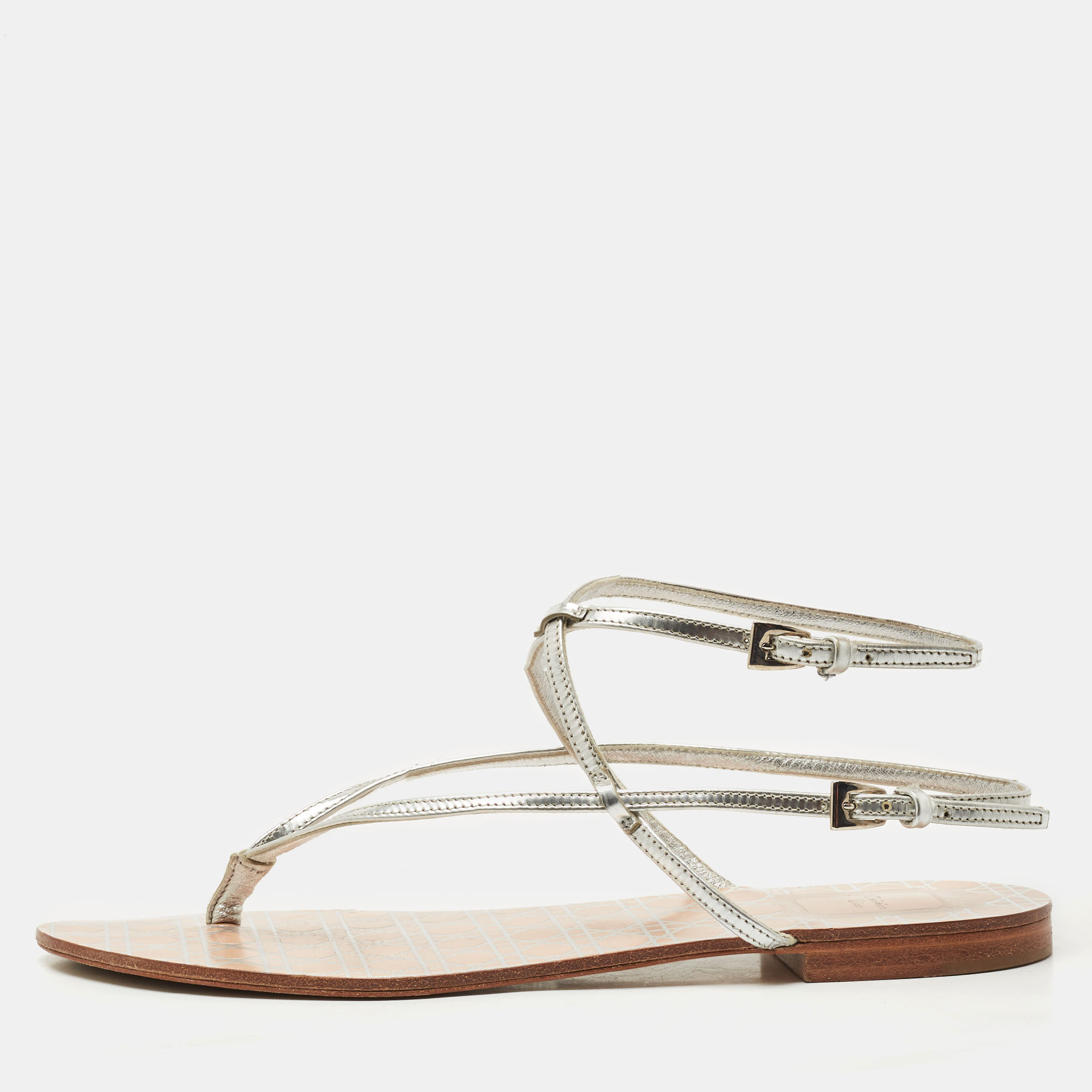 Pre-owned Dior Silver Leather Crystal Embellished Logo Thong Ankle Strap Flat Sandals Size 38