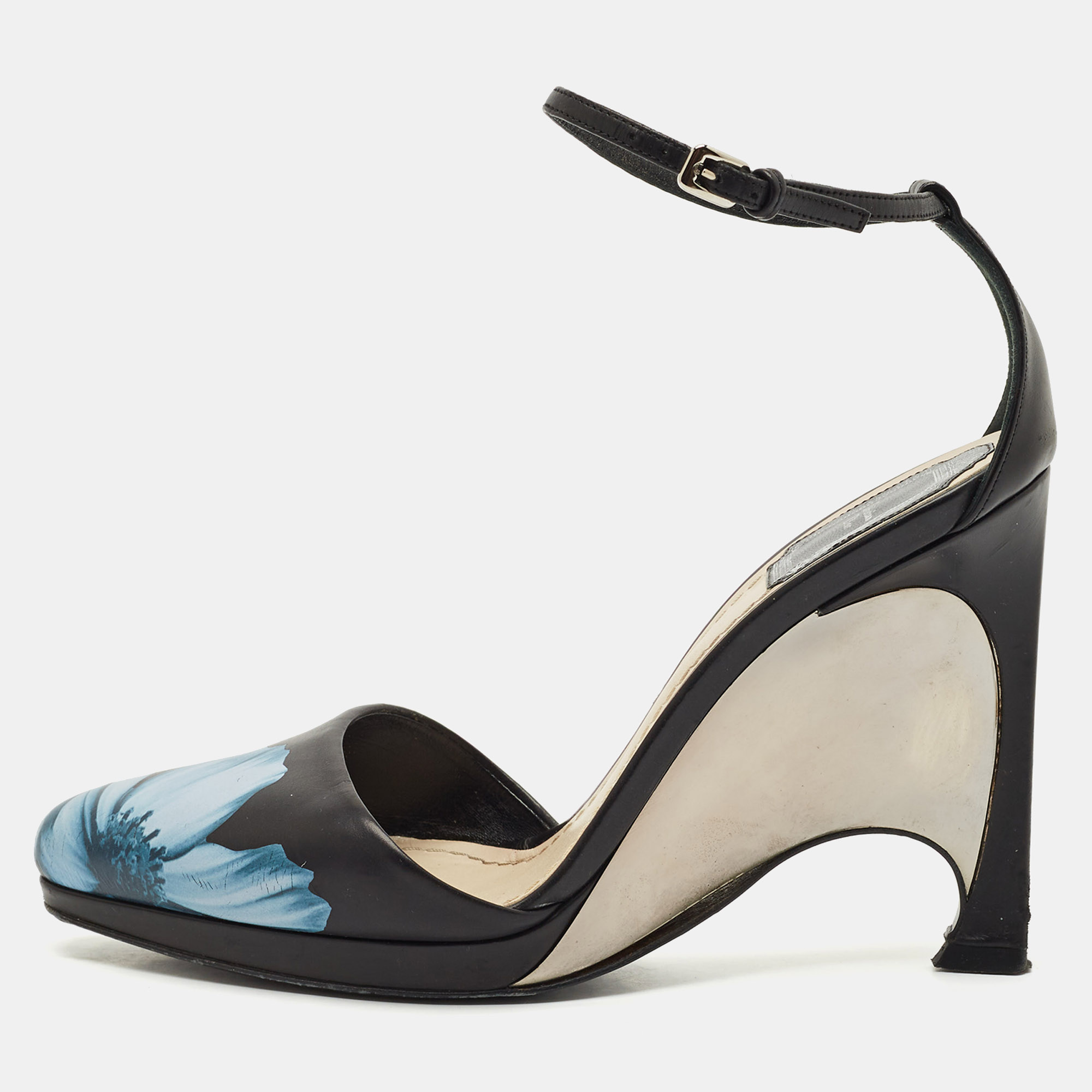 

Dior Black Floral Print Leather Optique Wedge Ankle Strap Sandals Size