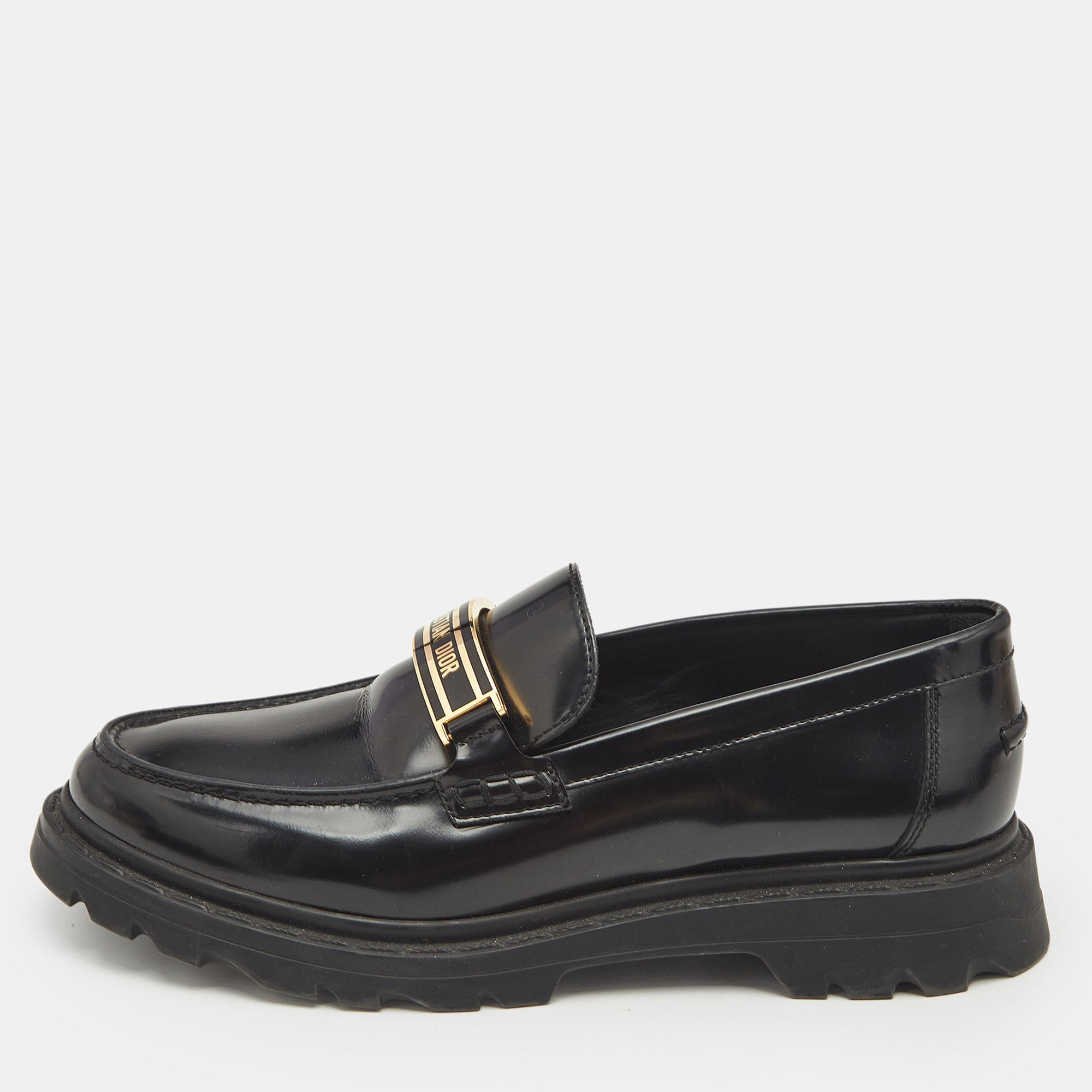 Pre-owned Dior Black Patent Leather Code Loafers Size 39.5