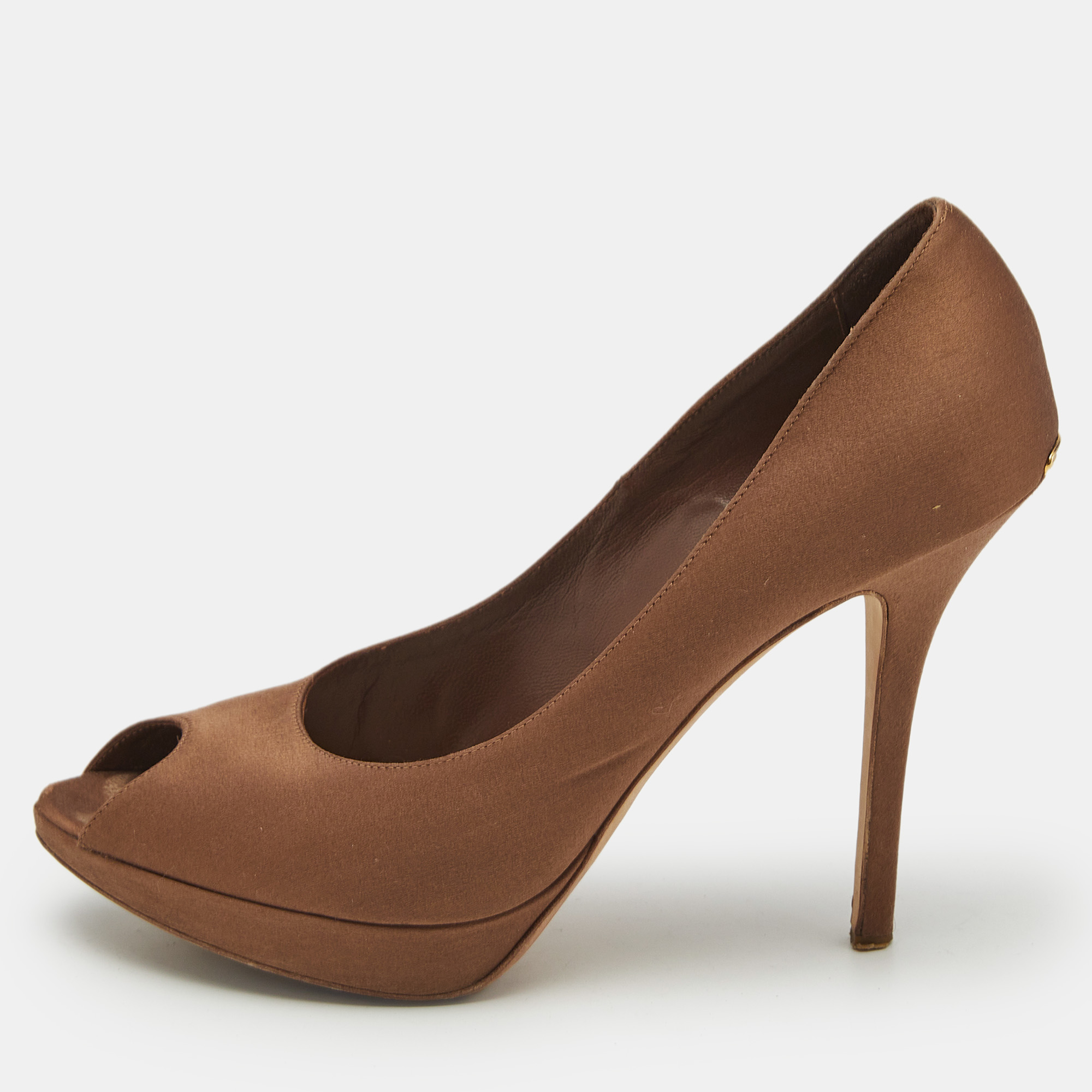 

Dior Brown Satin Miss Dior Peep Toe Pumps Size