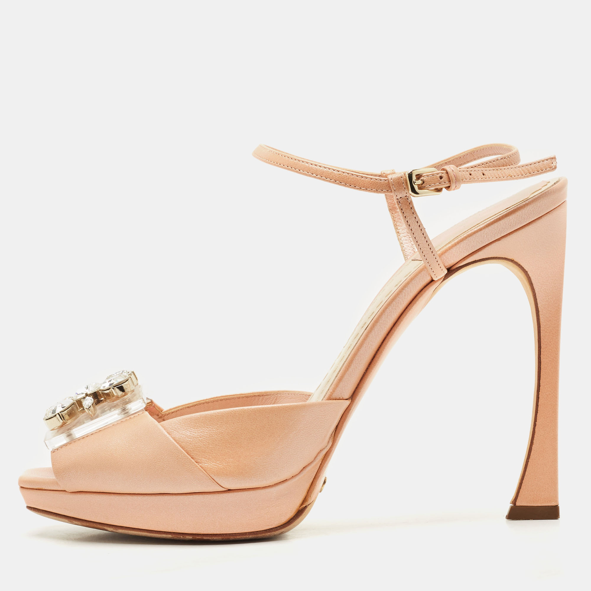 

Dior Beige/Transparent Leather Crystal Embellished Ankle Strap Sandals Size