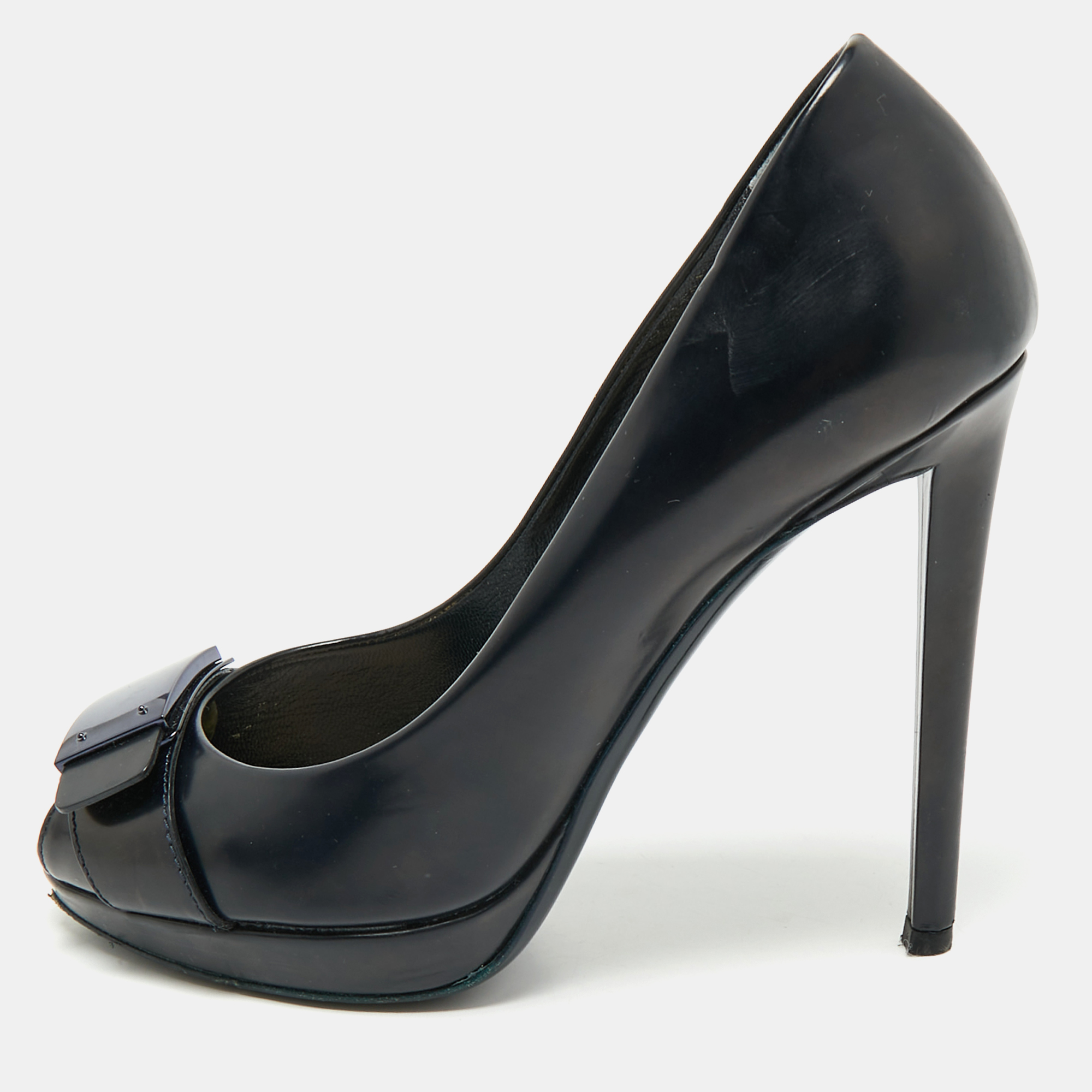 

Dior Navy Blue Leather Logo Plaque Peep Toe Pumps Size