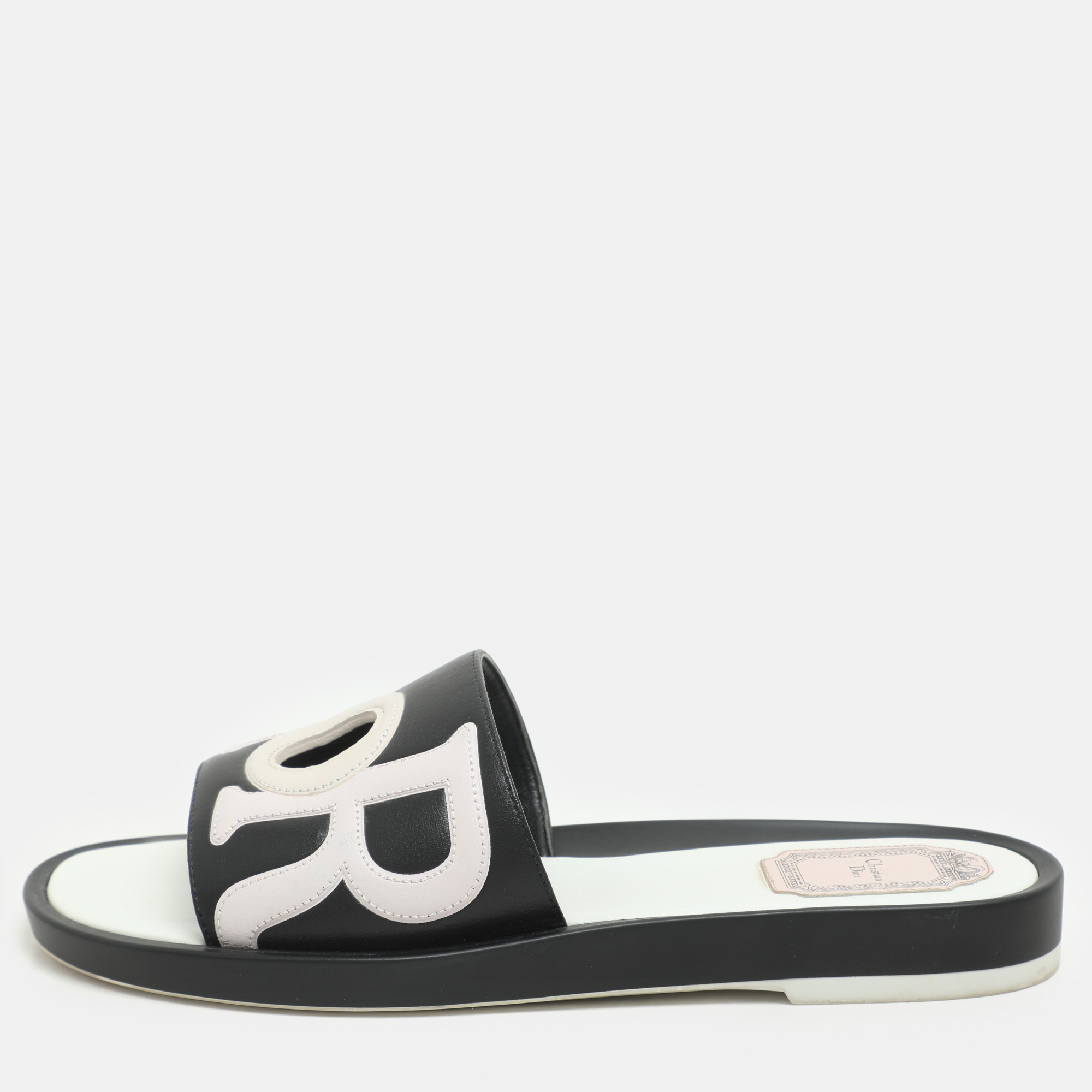 Pre-owned Dior Black/light Pink Leather Marina Flat Slides Size 38