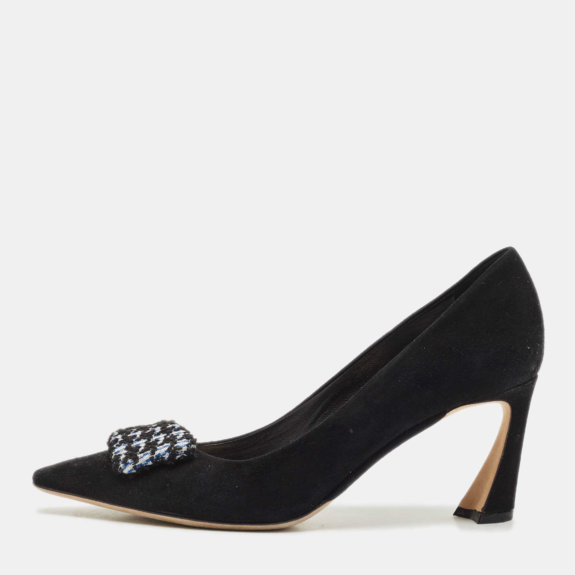 Pre-owned Dior Black/white Suede Houndstooth Buckle Pointed Toe Pumps Size 37.5