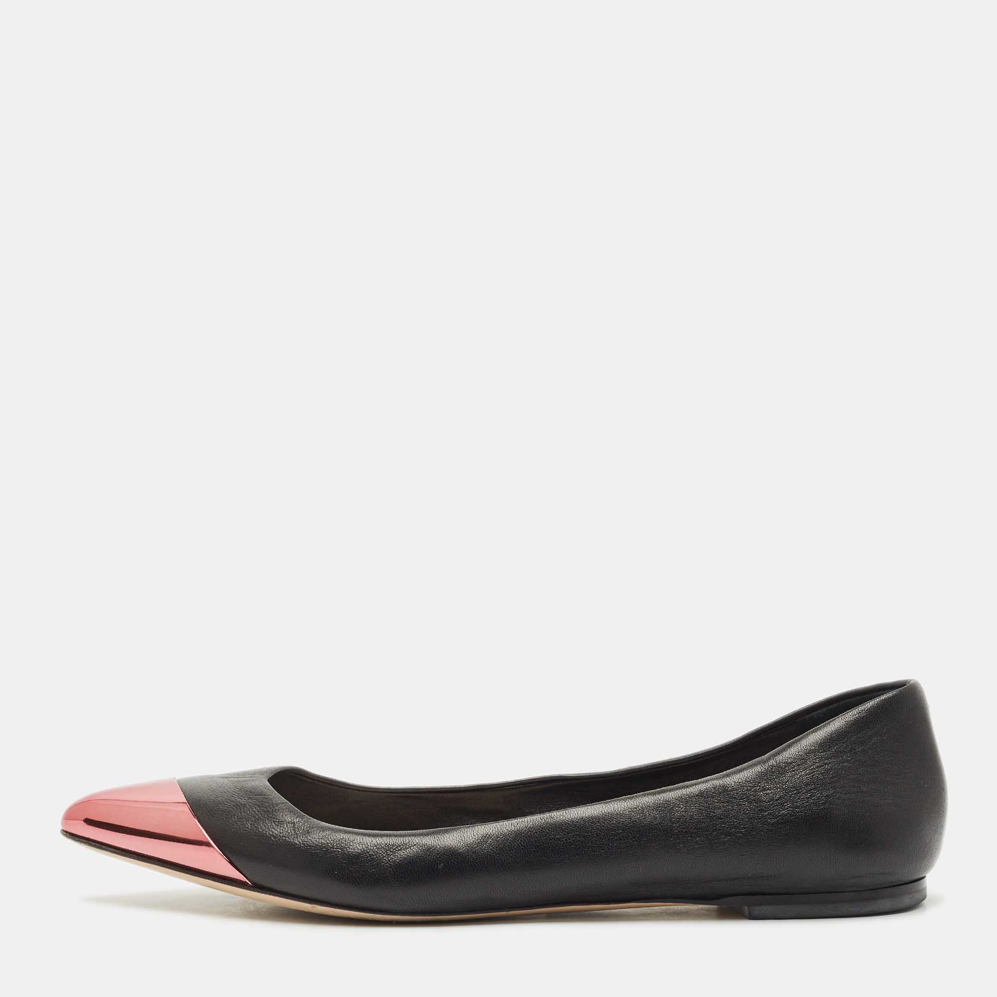 Pre-owned Dior Black Leather Metal Cap Pointed Toe Ballet Flats Size 38