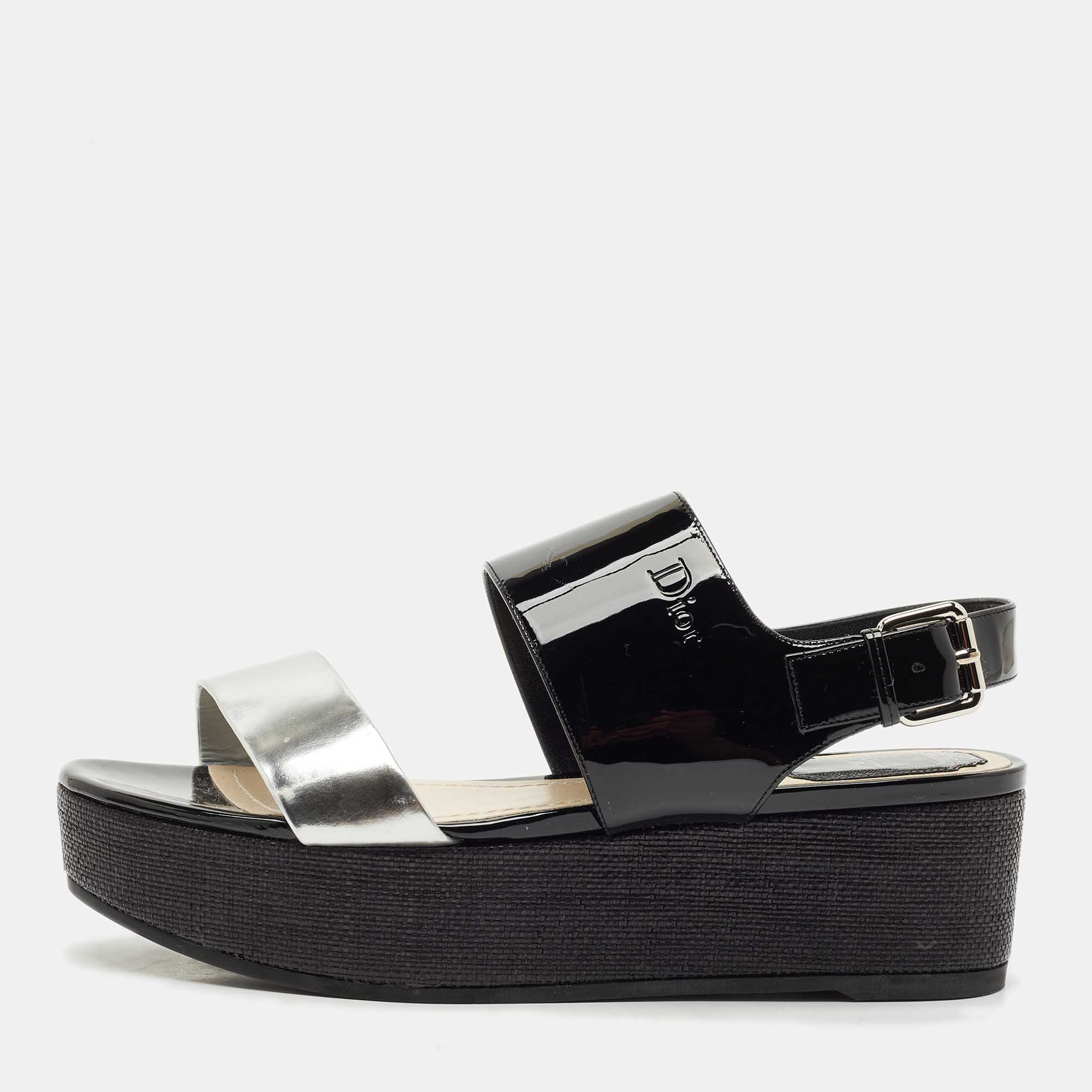 

Dior Silver/Black Leather and Patent Platform Wedge Sandals Size
