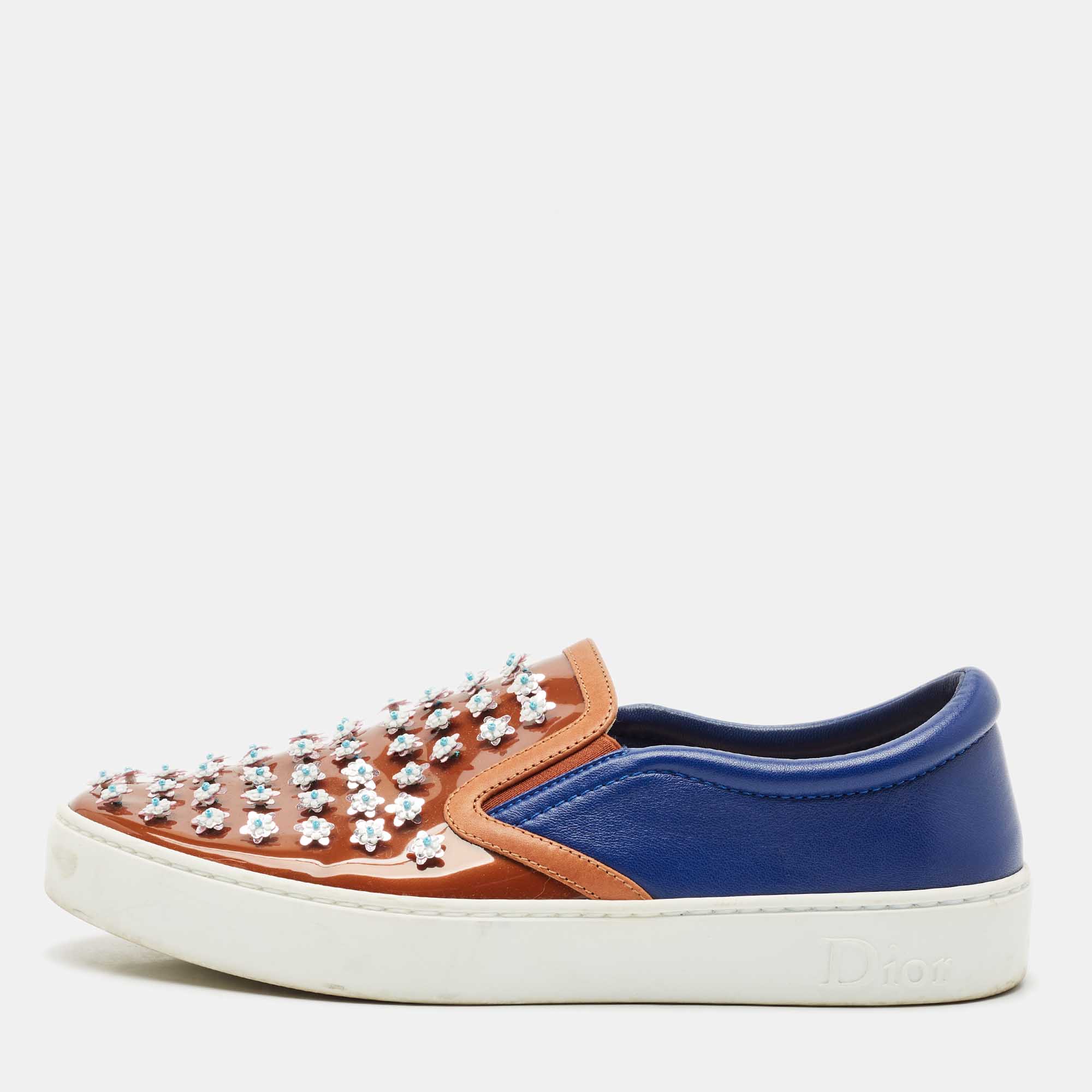 

Dior Blue/Brown Leather And PVC Floral Embellished Slip On Sneaker Size