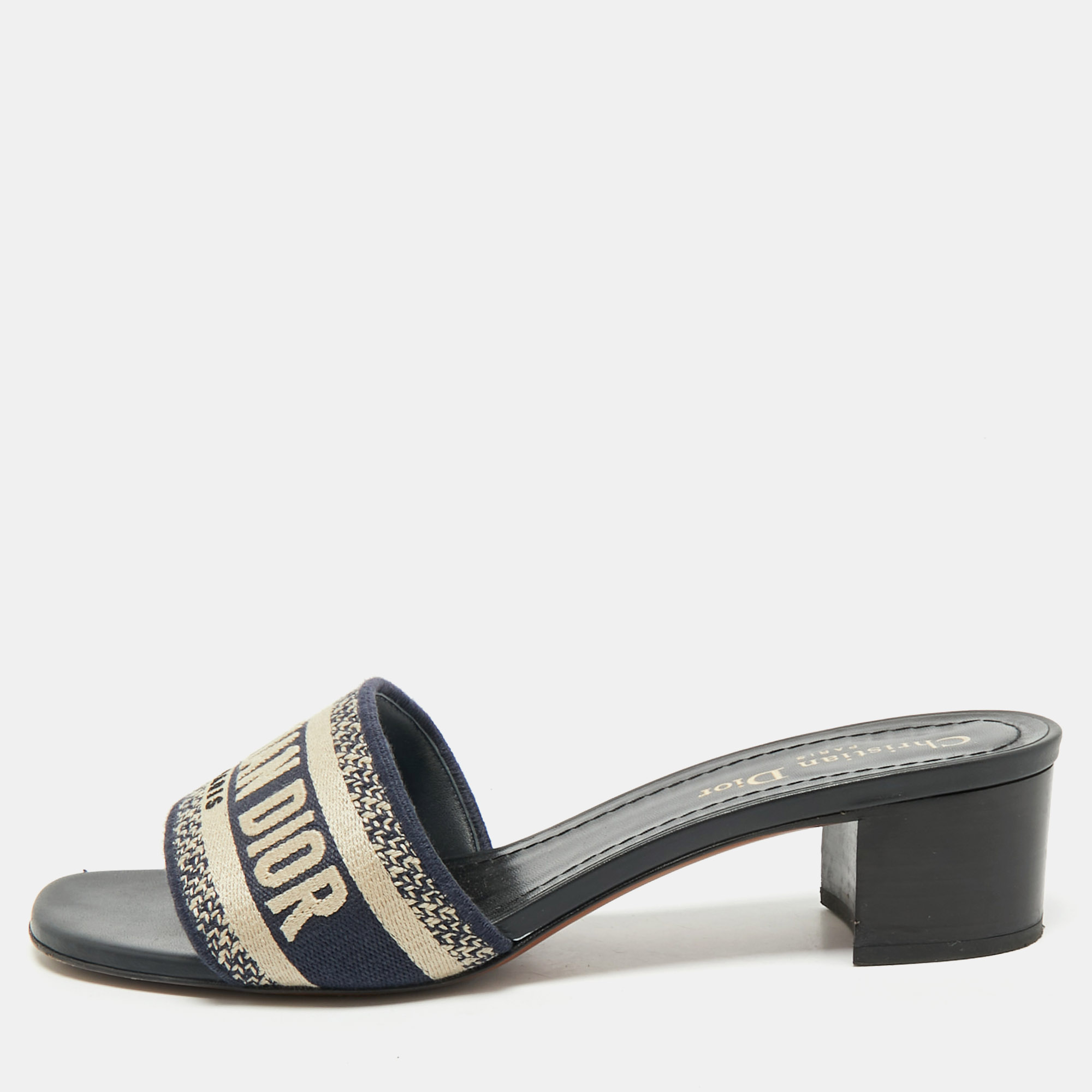 

Dior Navy Blue Embroidered Canvas Dway Slide Sandals Size