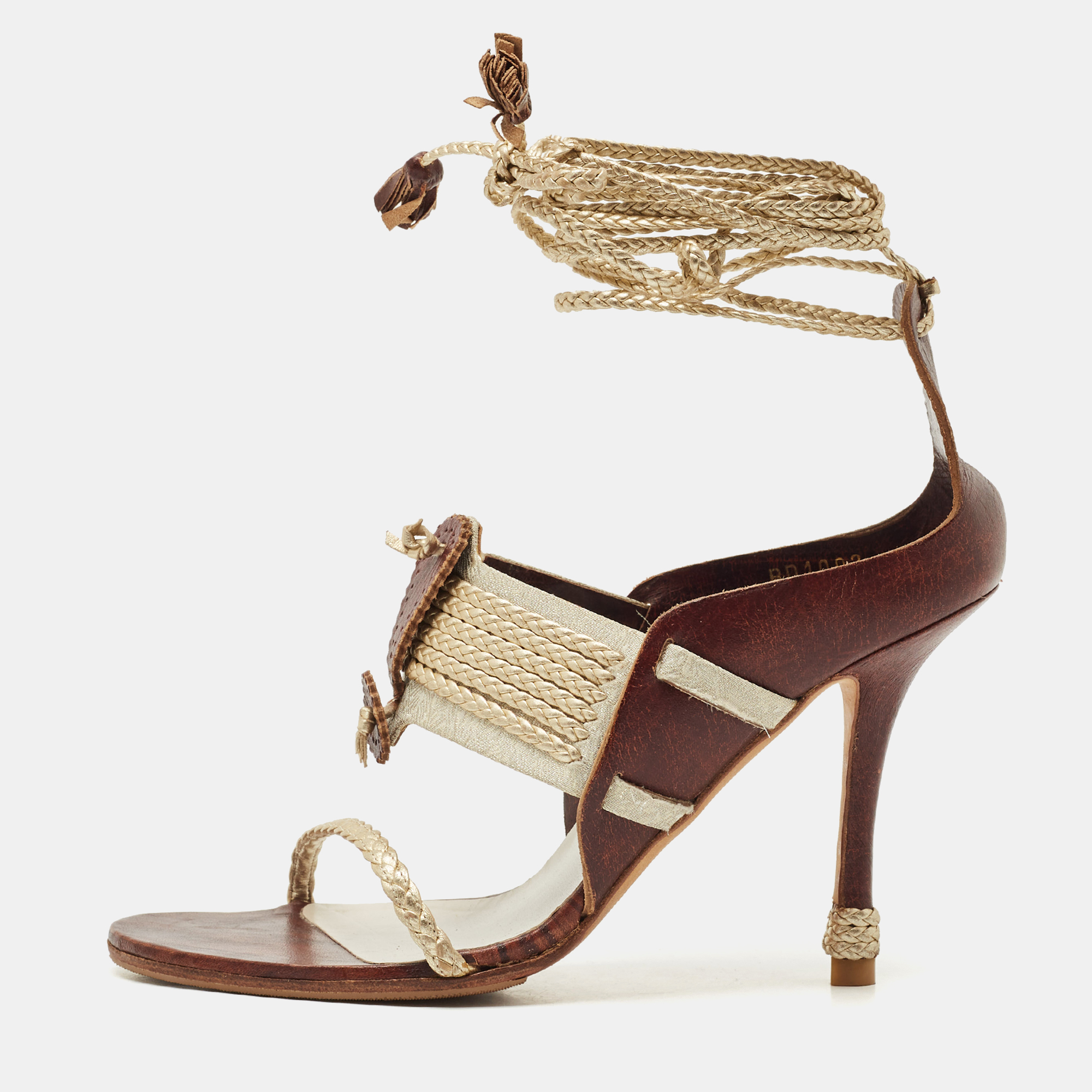 

Dior Olive Brown/Gold Leather and Fabric Ankle Tie Sandals Size