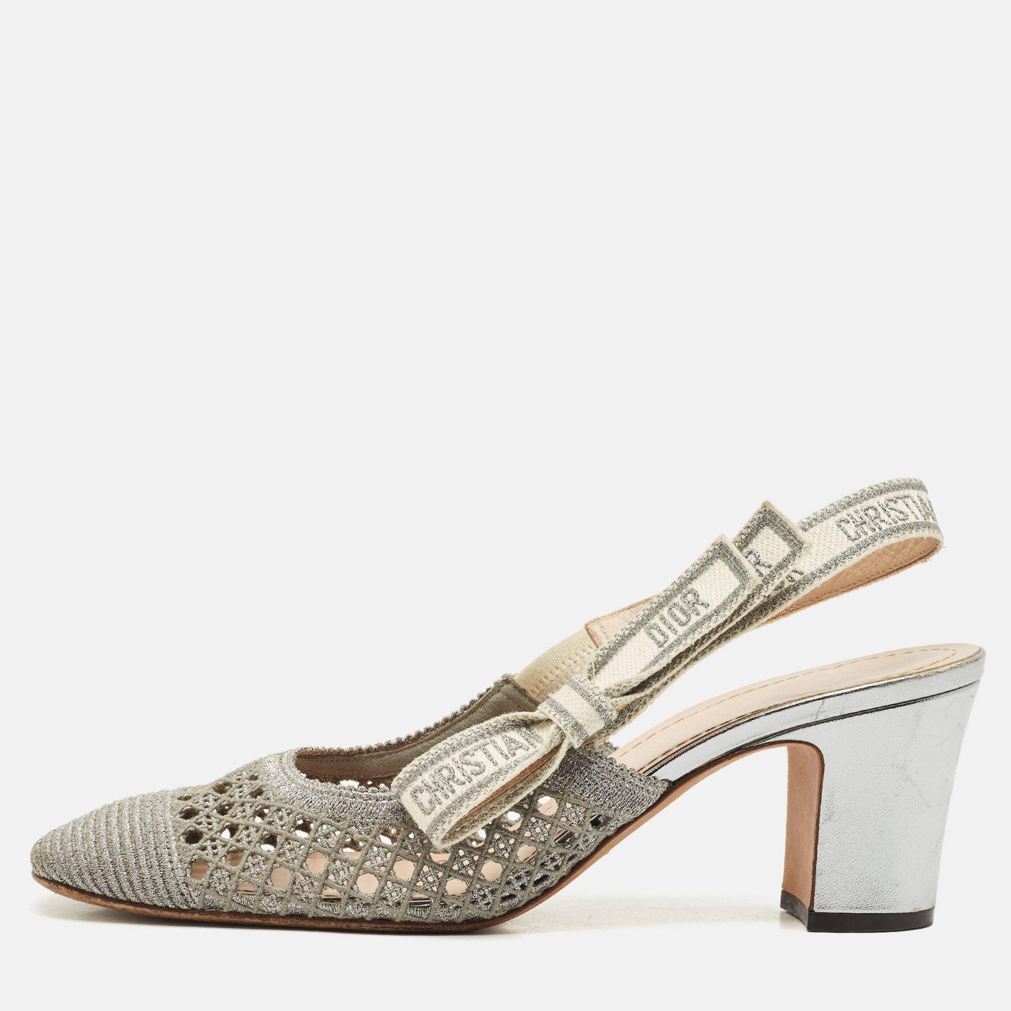 

Dior Silver Fabric and Leather Moi Block Heel Slingback Sandals Size