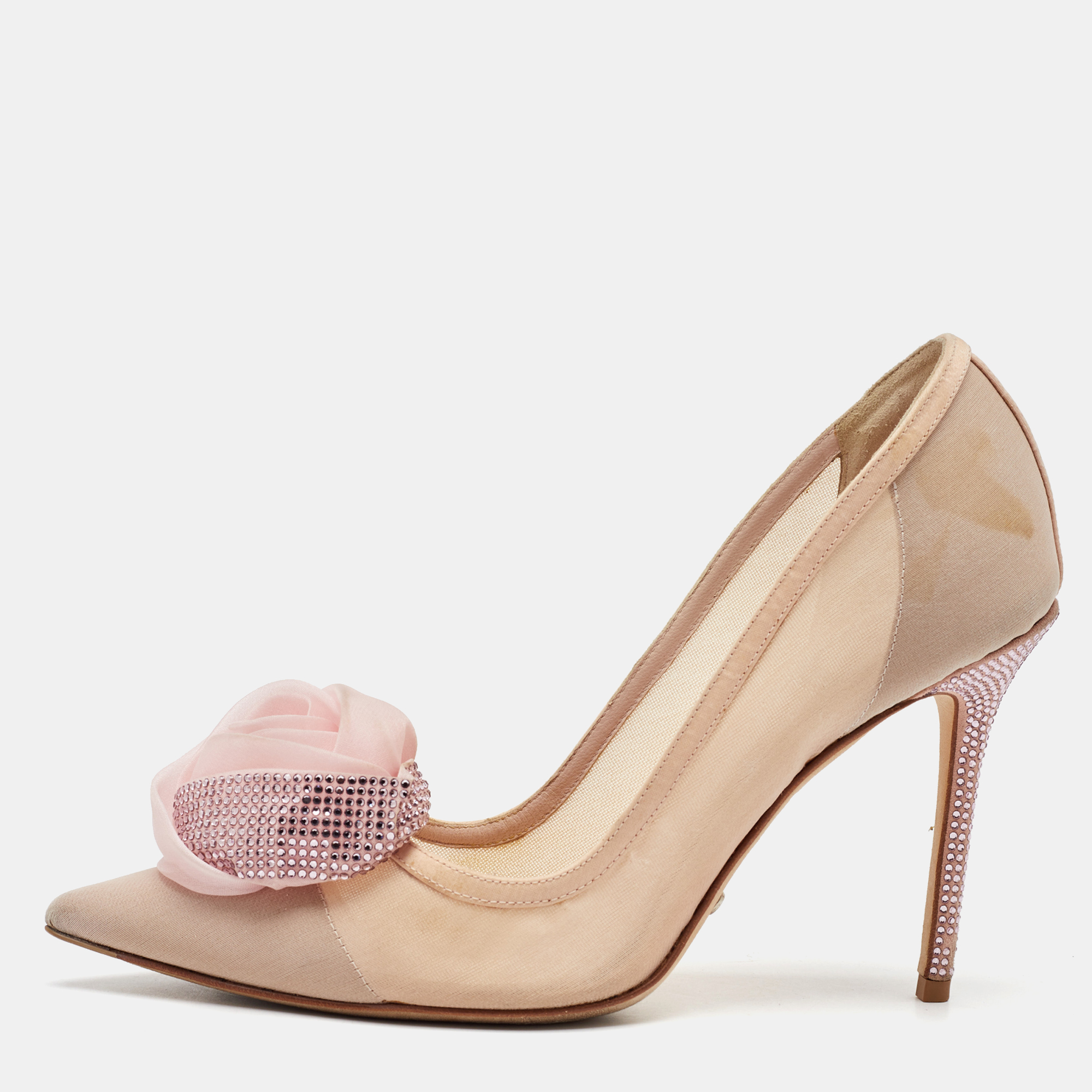 

Dior Light Pink Fabric Garden Flower Crystal Embellished Pointed Toe Pumps Size