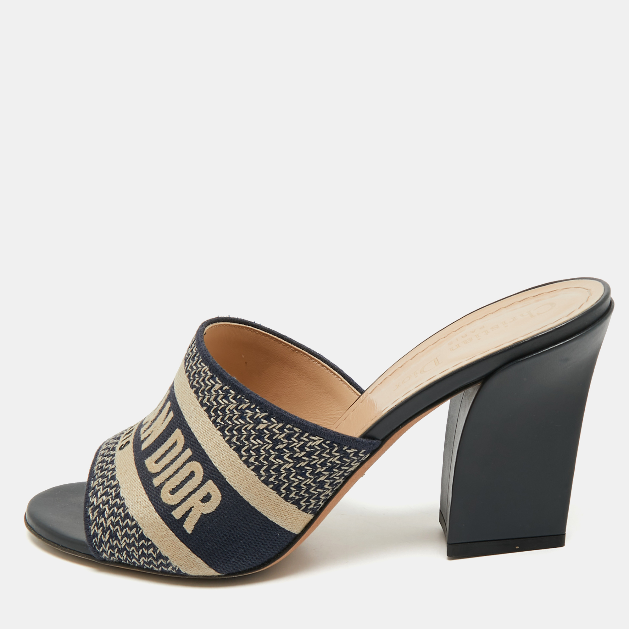 

Dior Navy Blue Embroidered Canvas Dway Slide Sandals Size