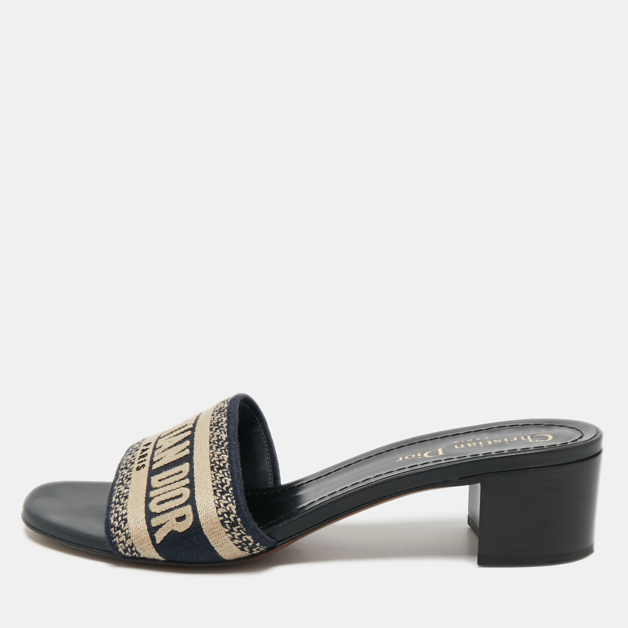 Pre-owned Dior Navy Blue/black Embroidered Canvas Dway Slide Sandals Size 39