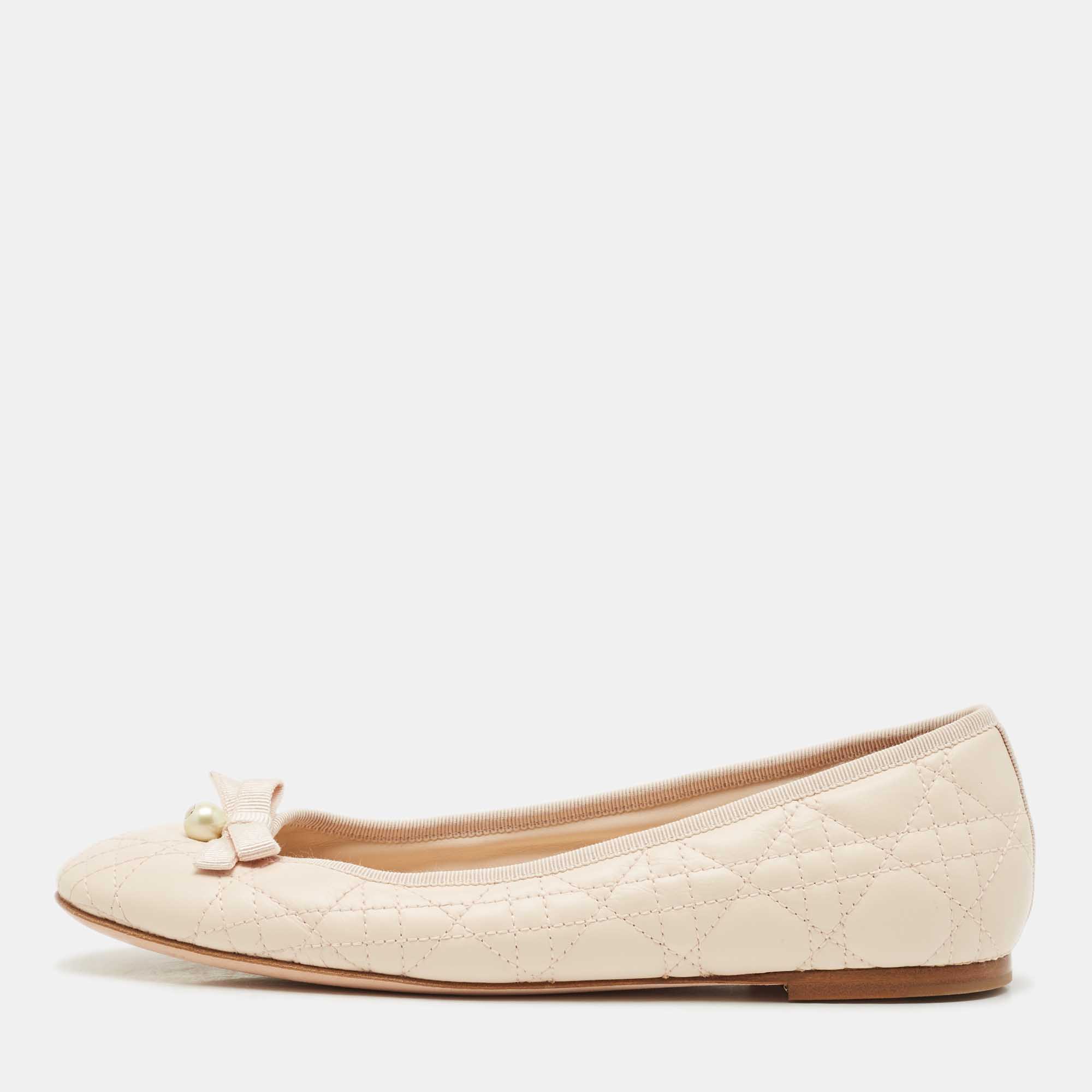 Pre-owned Dior Light Peach Cannage Leather Pearl Bow Ballet Flats Size 39.5 In Orange