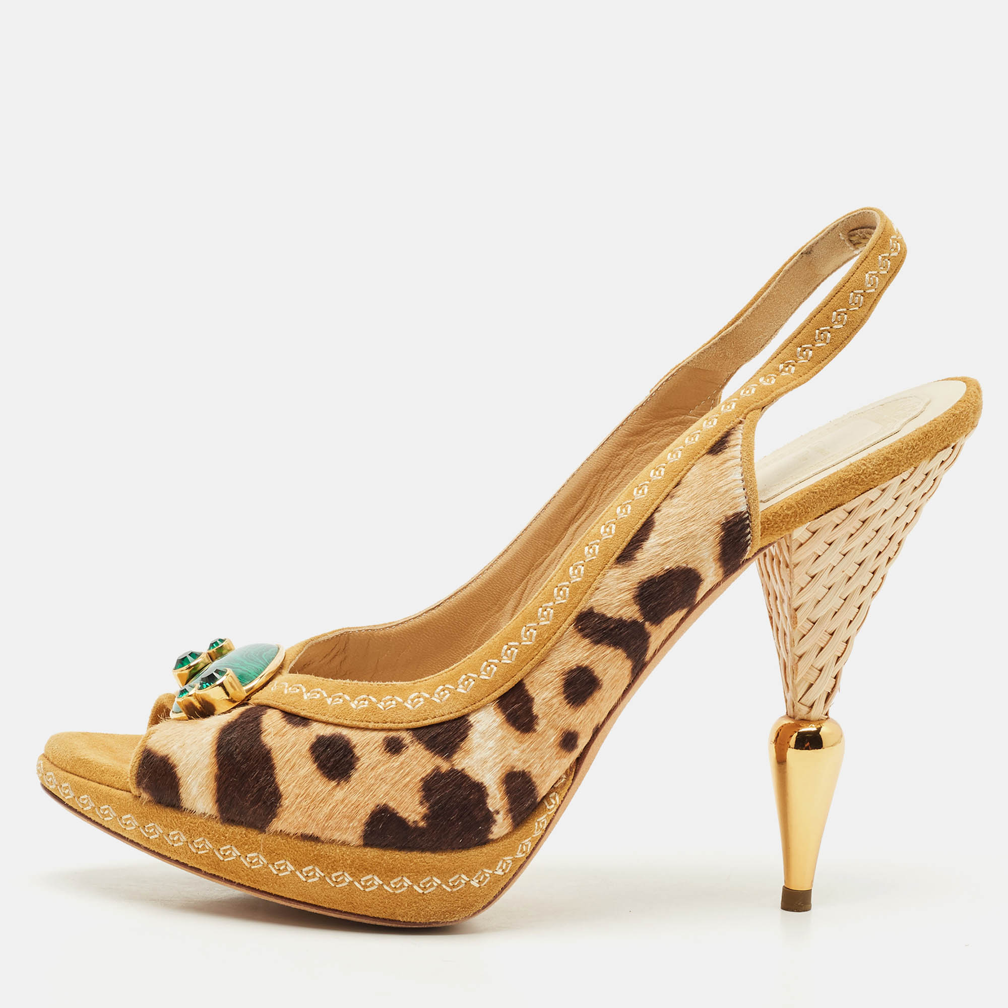 

Dior Beige/Brown Calf Hair and Suede Peep Toe Slingback Pumps Size
