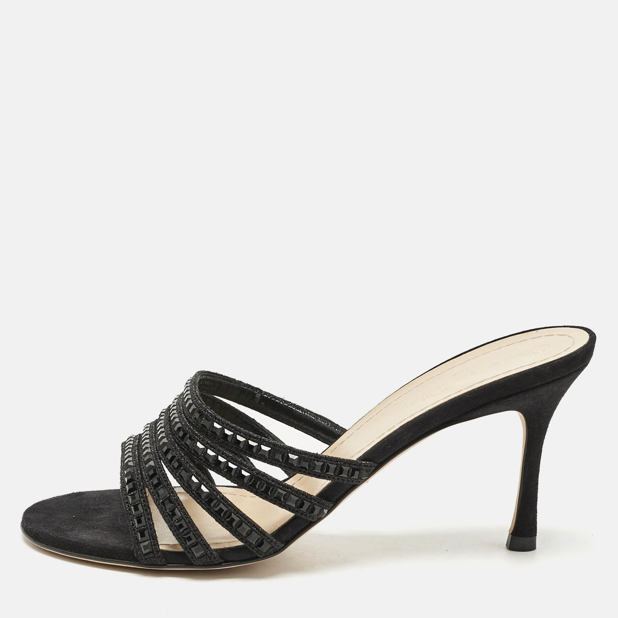 

Dior Black Suede Crystal Embellished Slide Sandals Size