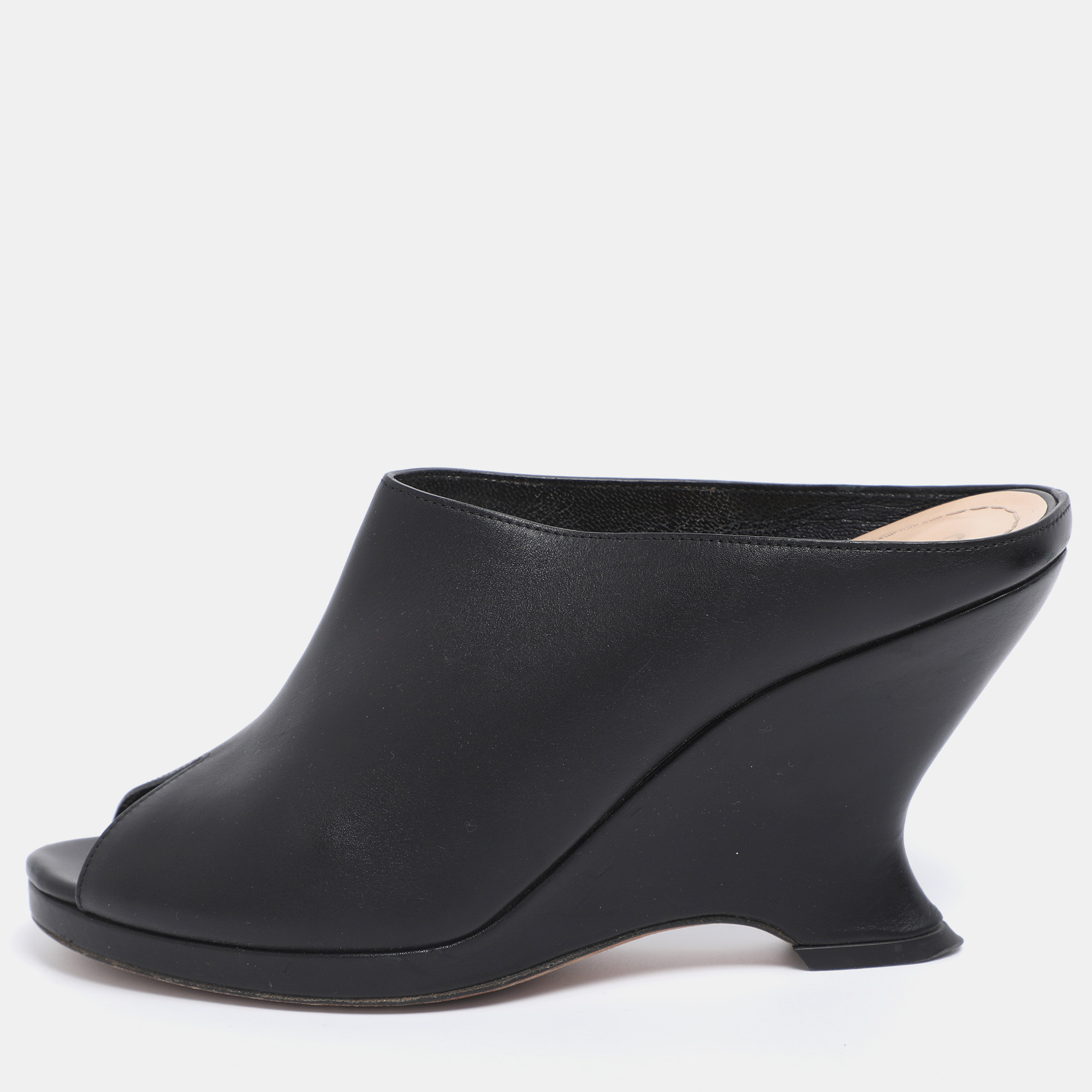 Pre-owned Dior Black Leather Wedge Peep Toe Mules Size 38