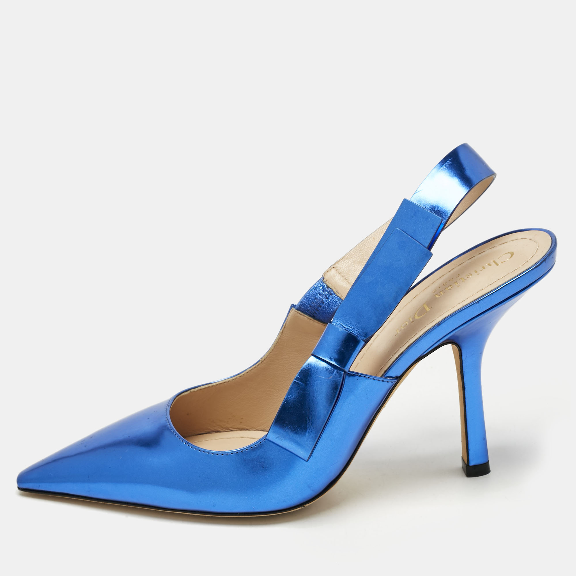 

Dior Metallic Blue Patent Leather Sweet-D Slingback Pumps Size