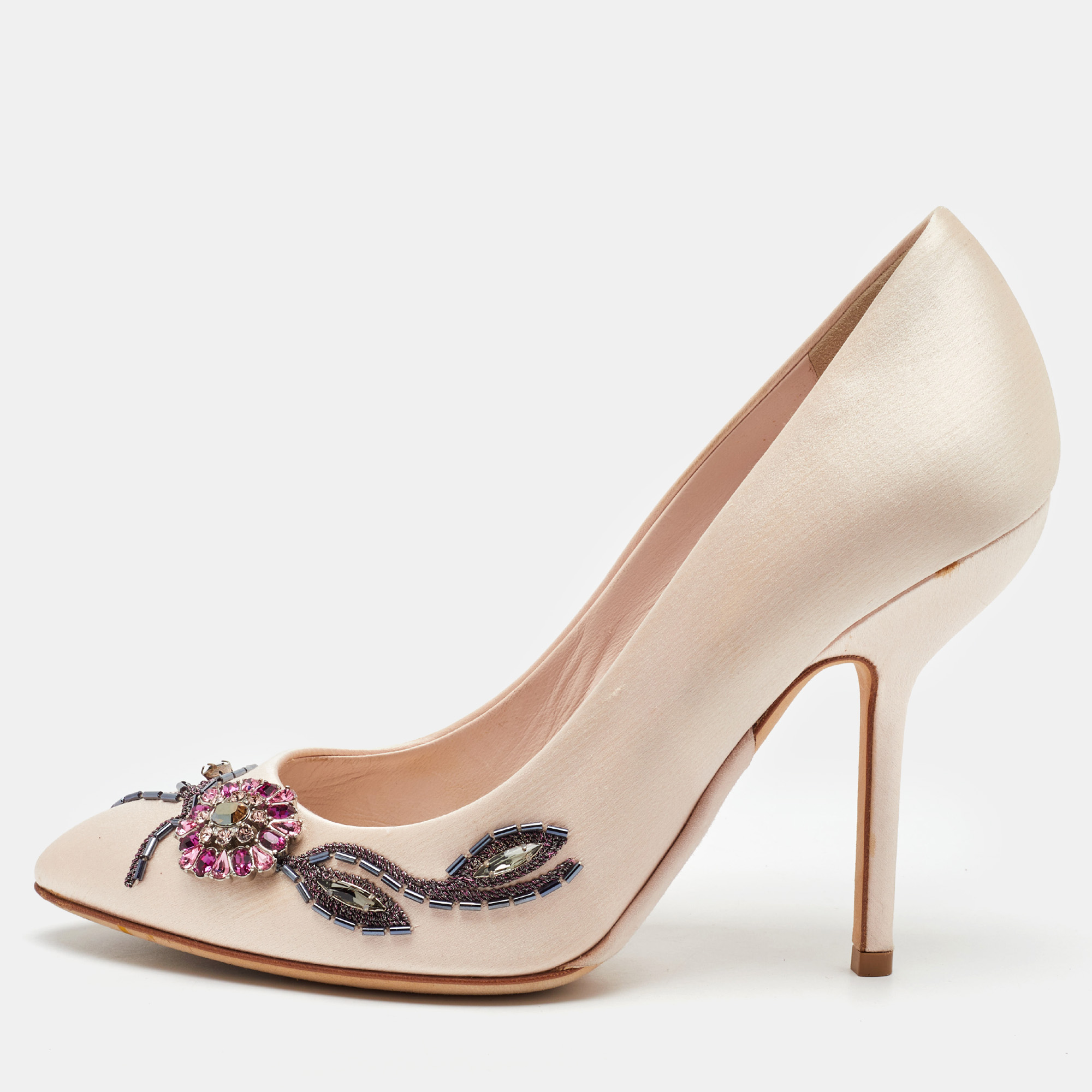 

Dior Light Pink Satin Crystal Embellished Flower Pumps Size