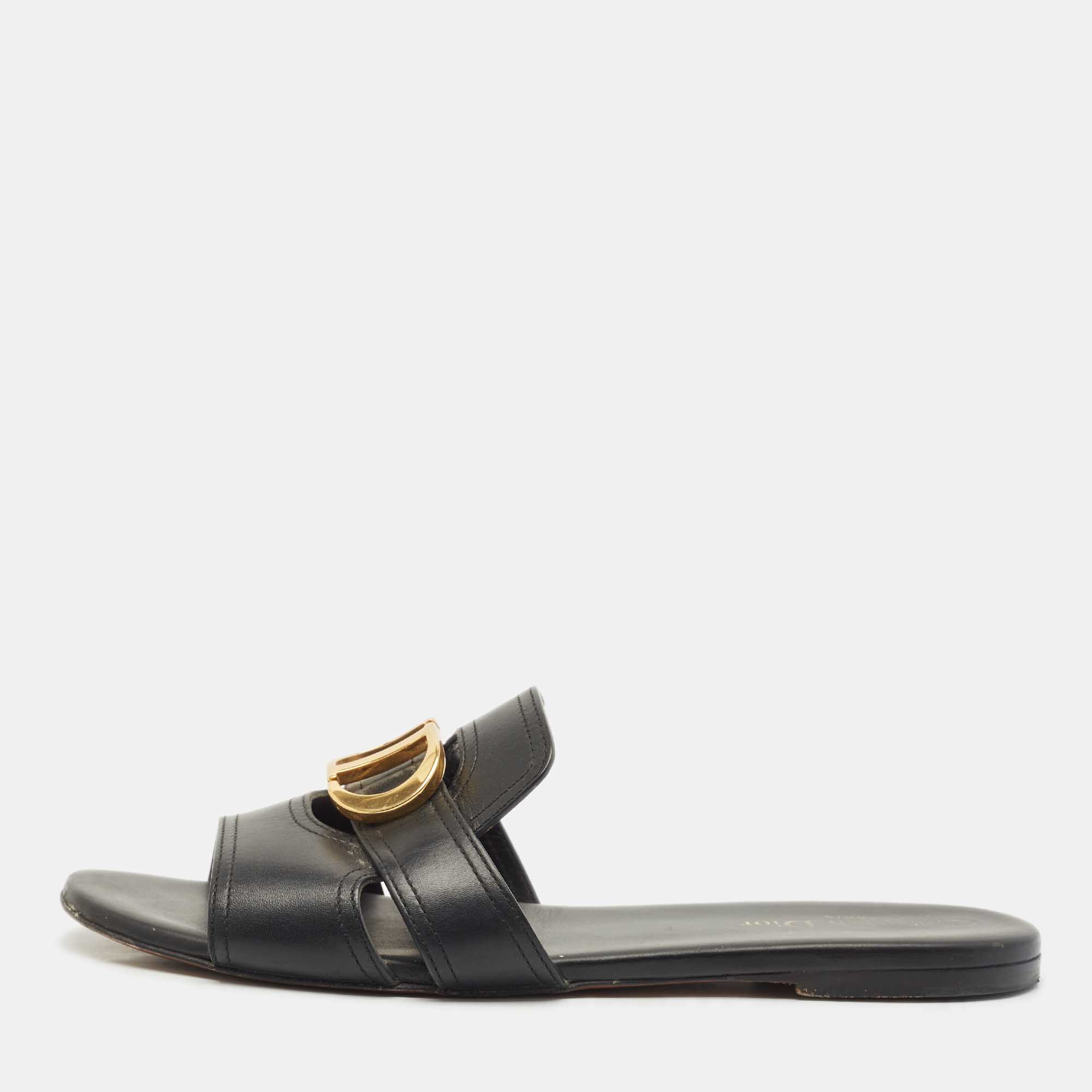 

Dior Black Leather 30 Montaigne Flat Slide Sandals Size