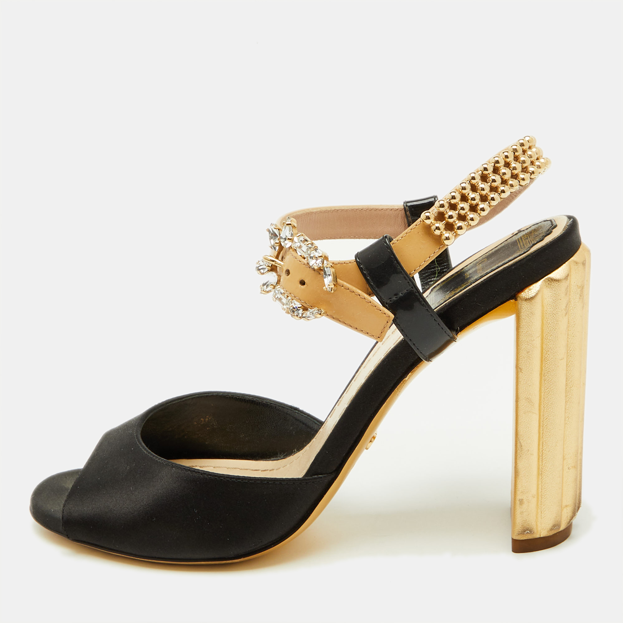 

Dior Black/Beige Satin and Patent Leather Studded Ankle Strap Sandals Size