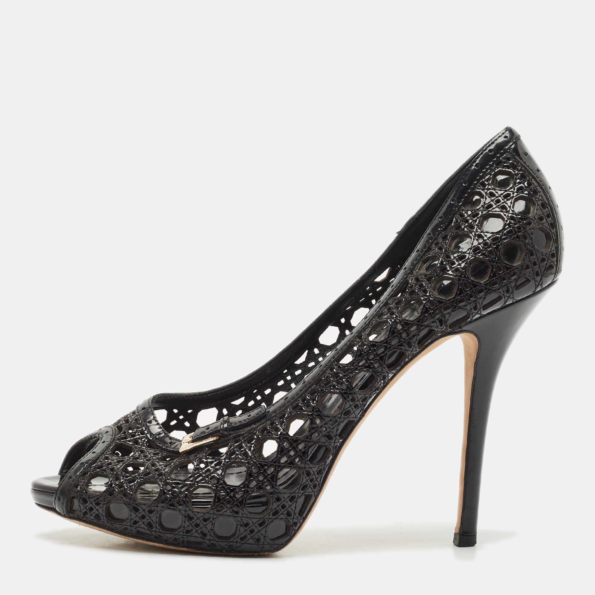 

Dior Black Cannage Patent Leather Miss Dior Cut Out Peep Toe Platform Pumps Size