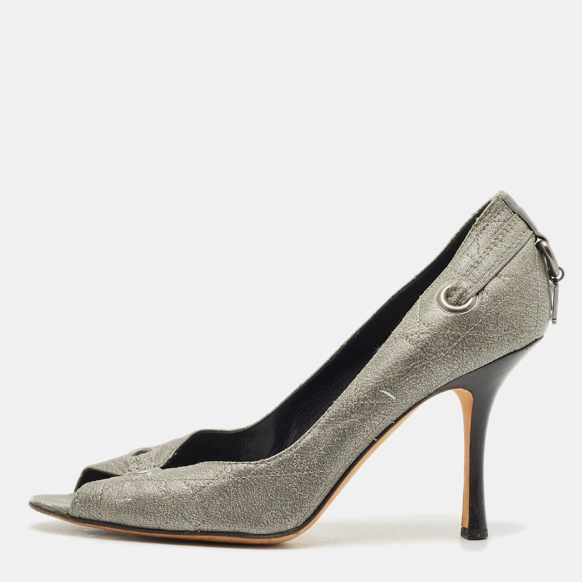 Pre-owned Dior Metallic Grey Cannage Leather Peep Toe Pumps Size 37 In Silver