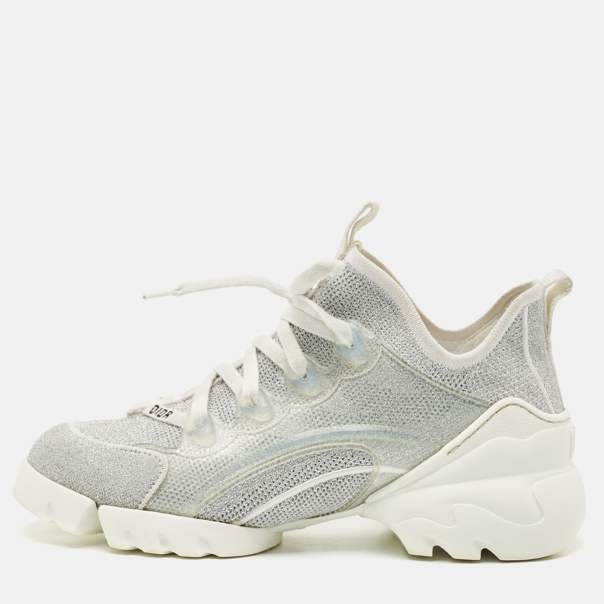 Pre-owned Dior Silver Knit Fabric D-connect Sneakers Size 37.5