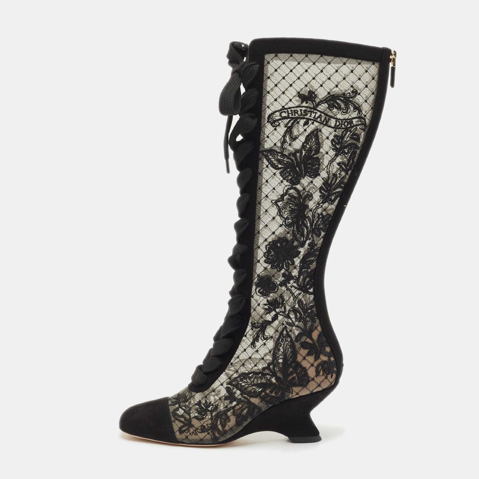 Dior Black Embroidered Mesh and Suede Naughtily-D Knee Length Boots Size 35