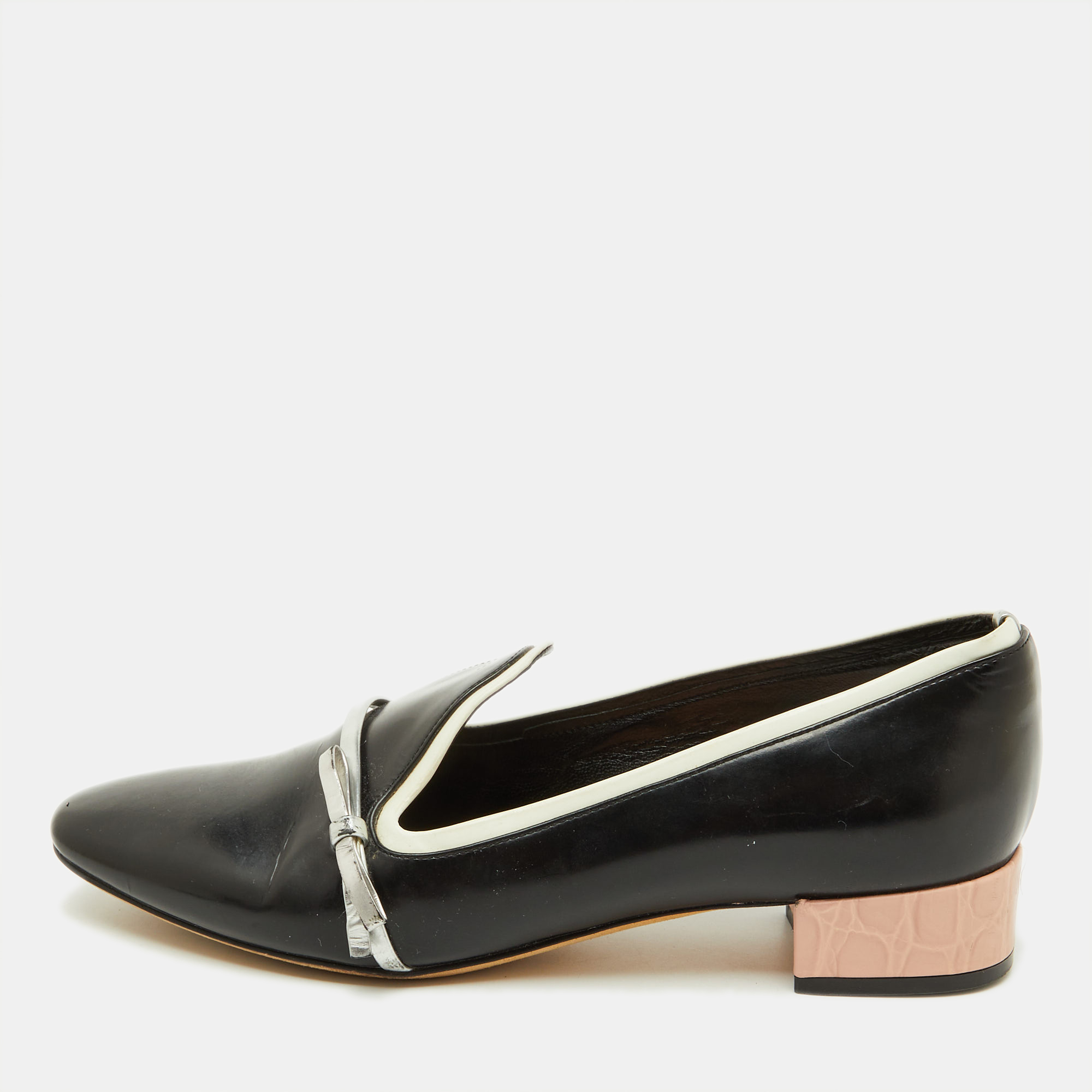 Pre-owned Dior Black/silver Leather Bow Detail Slip On Loafers Size 35.5