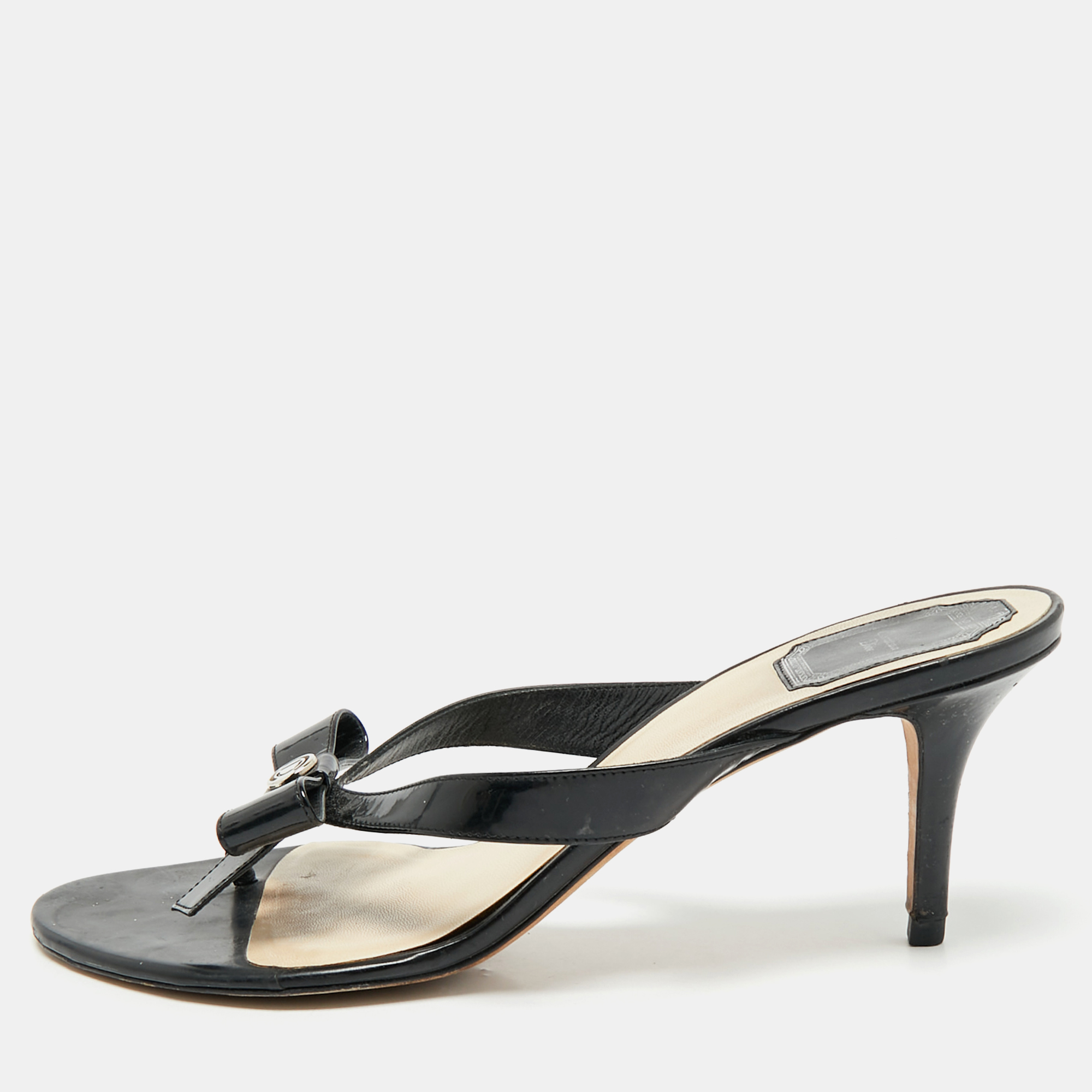Christian Dior Black Patent Logo Bow Slides Size 41