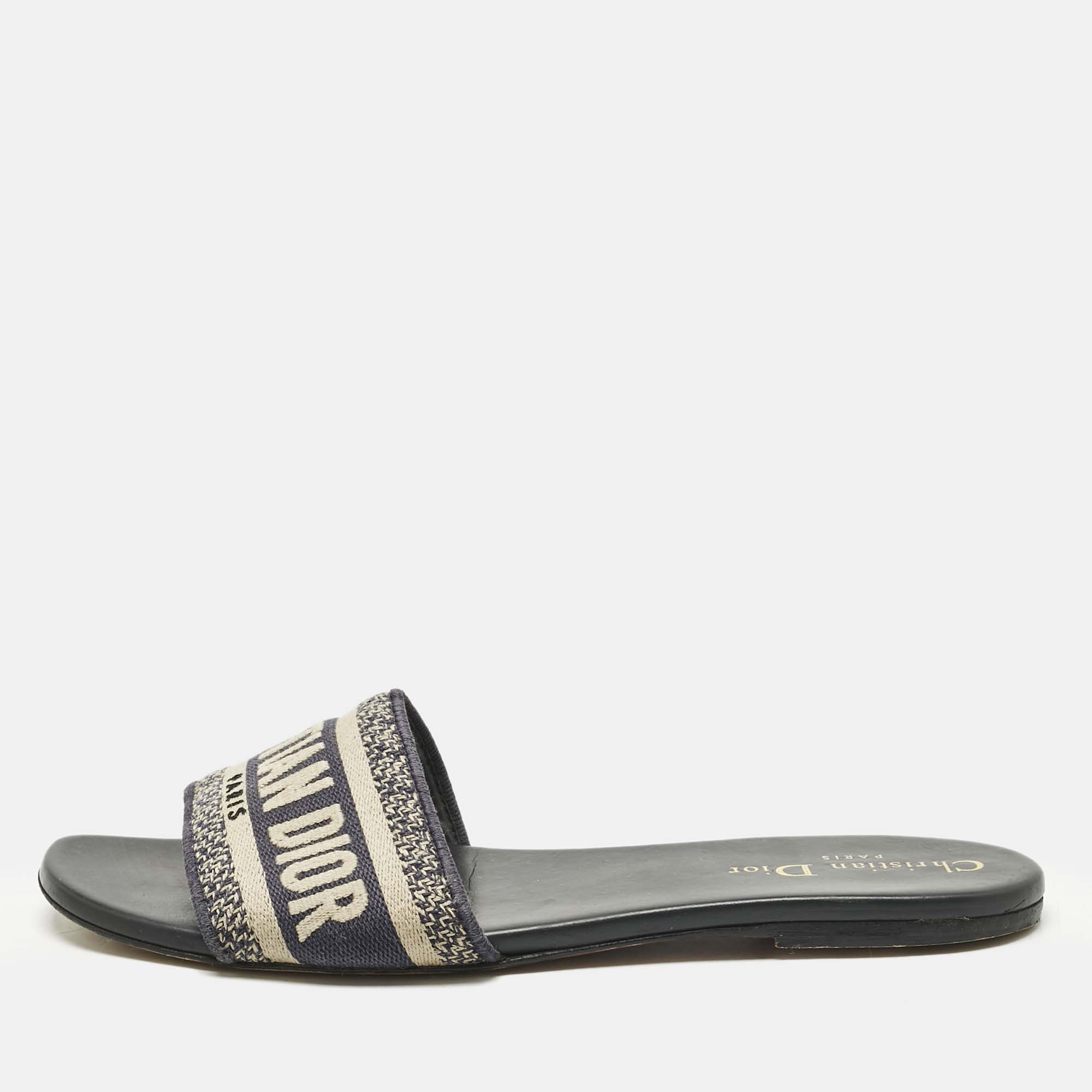 

Dior Navy Blue Embroidered Canvas Dway Flat Slide Sandals Size