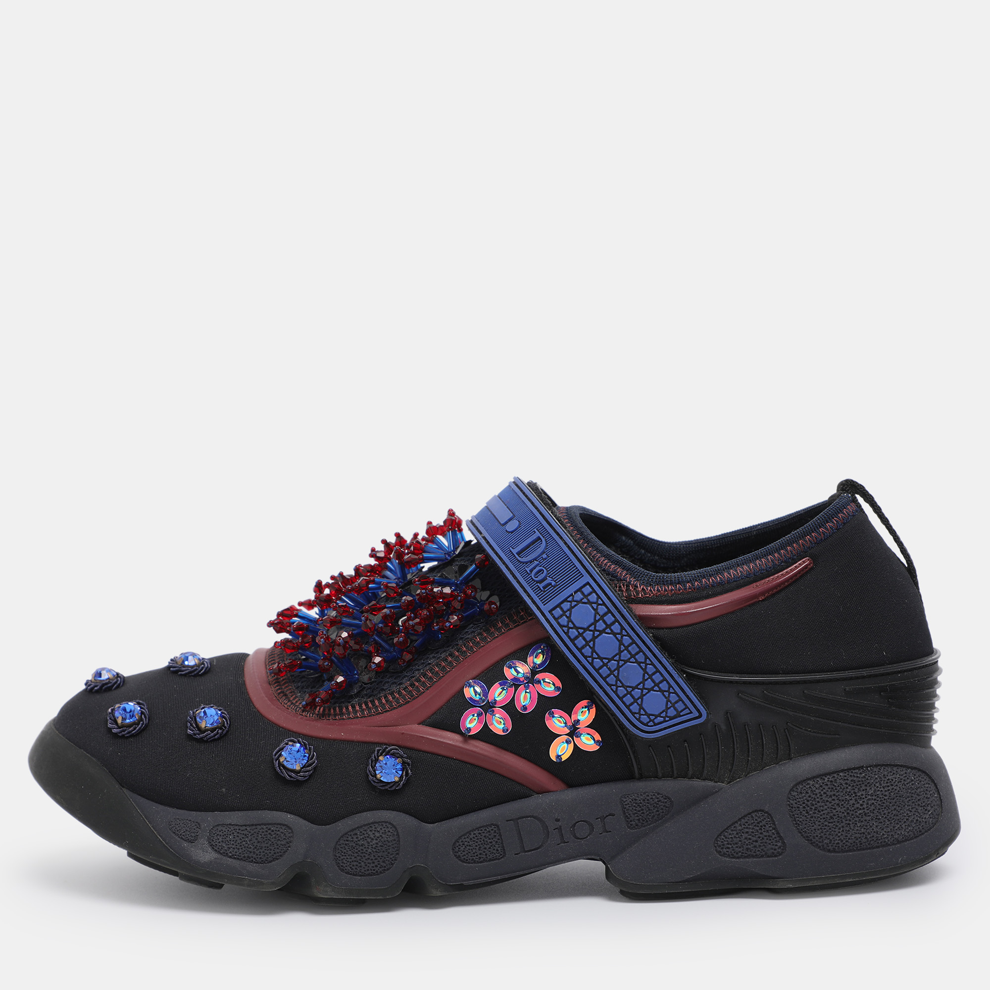 Pre-owned Dior Blue Fabric Embellished Fusion Sneakers Size 38.5