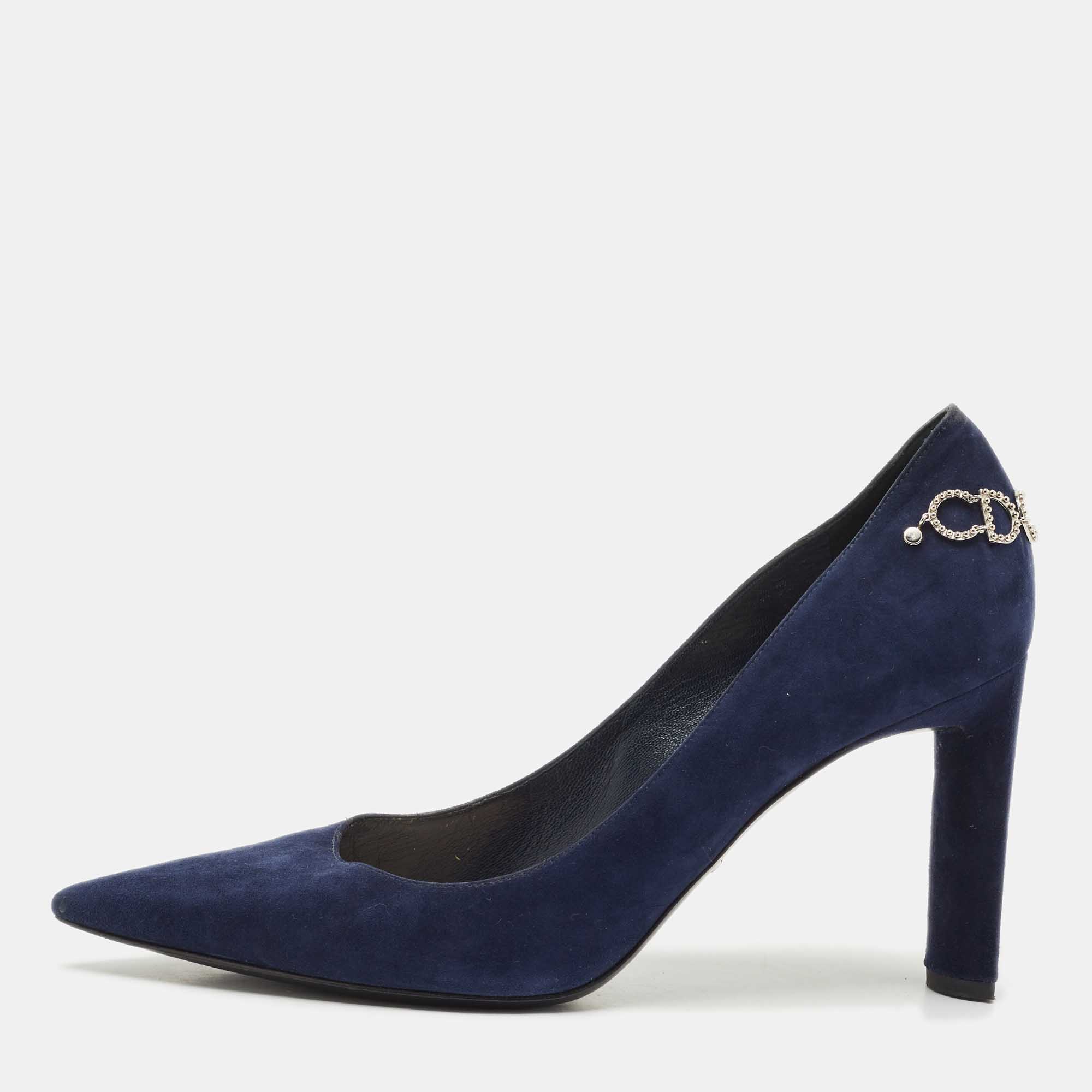Pre-owned Dior Navy Blue Suede Cd Chain Detail Pointed Toe Pumps Size 40