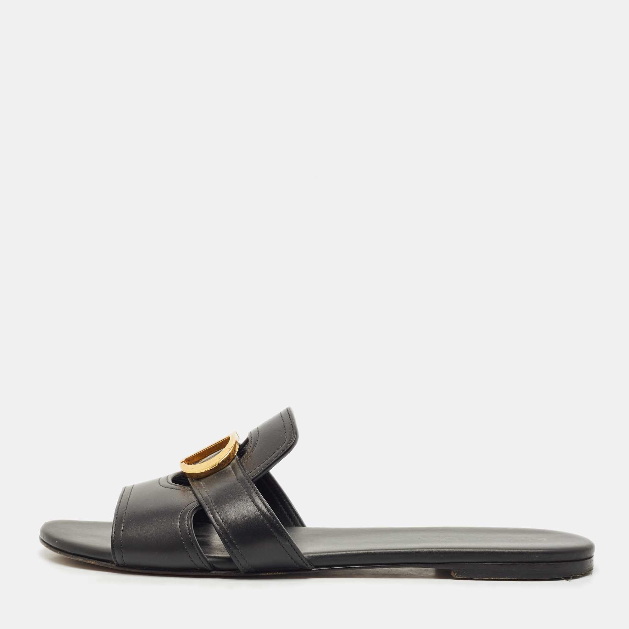 

Dior Black Leather 30 Montaigne Flat Slide Sandals Size