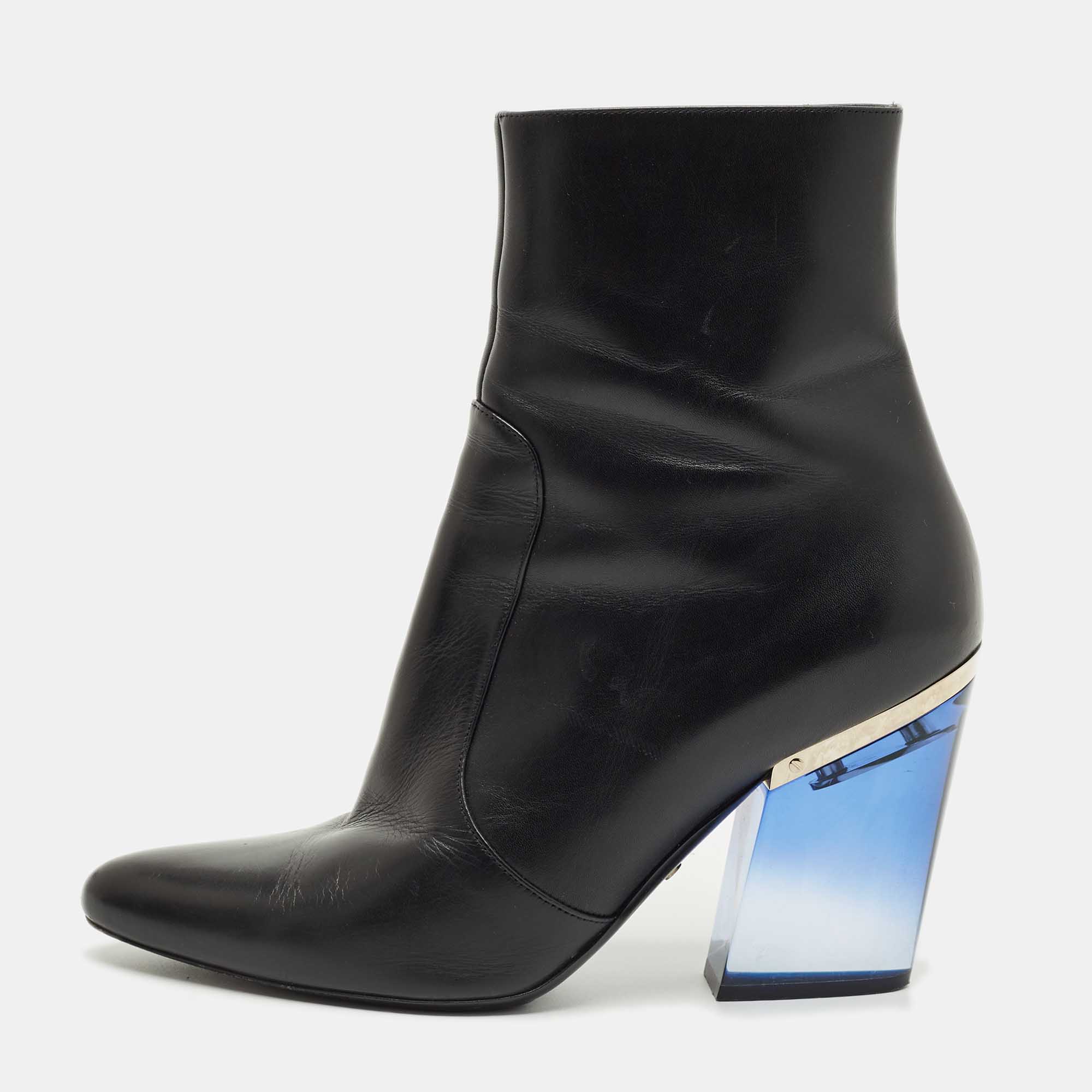Pre-owned Dior Black Leather Clear Block Heel Mid Calf Boots Size 40