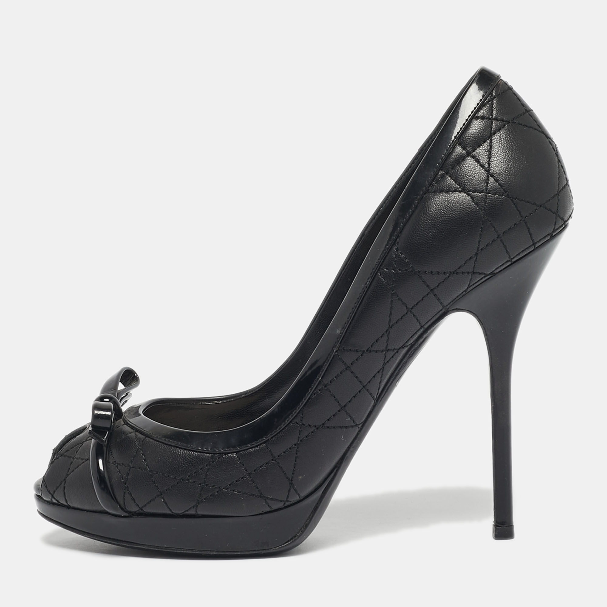 

Dior Black Cannage Leather and Patent Peep Toe Pumps Size