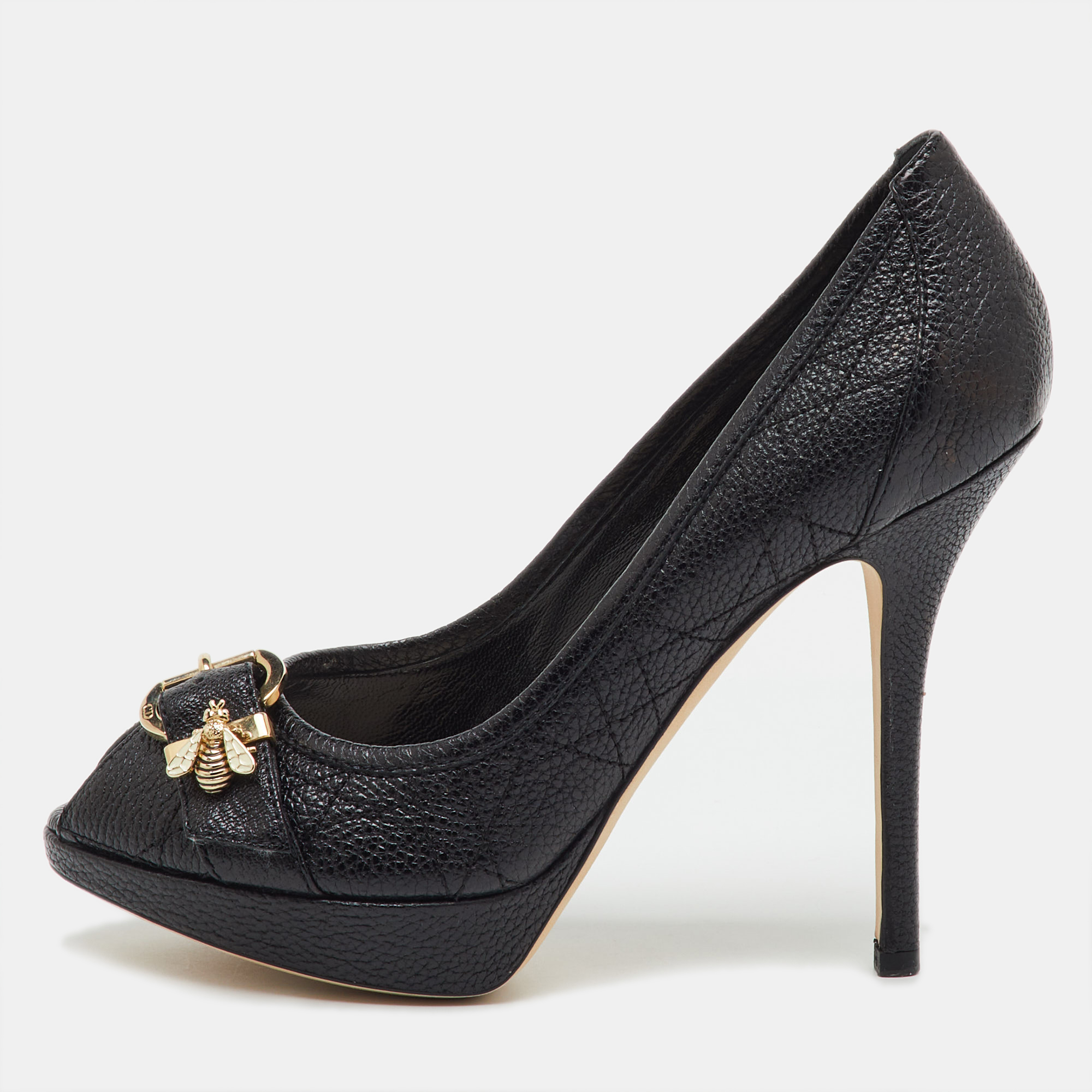 

Dior Black Cannage Leather Bee Peep Toe Platform Pumps Size