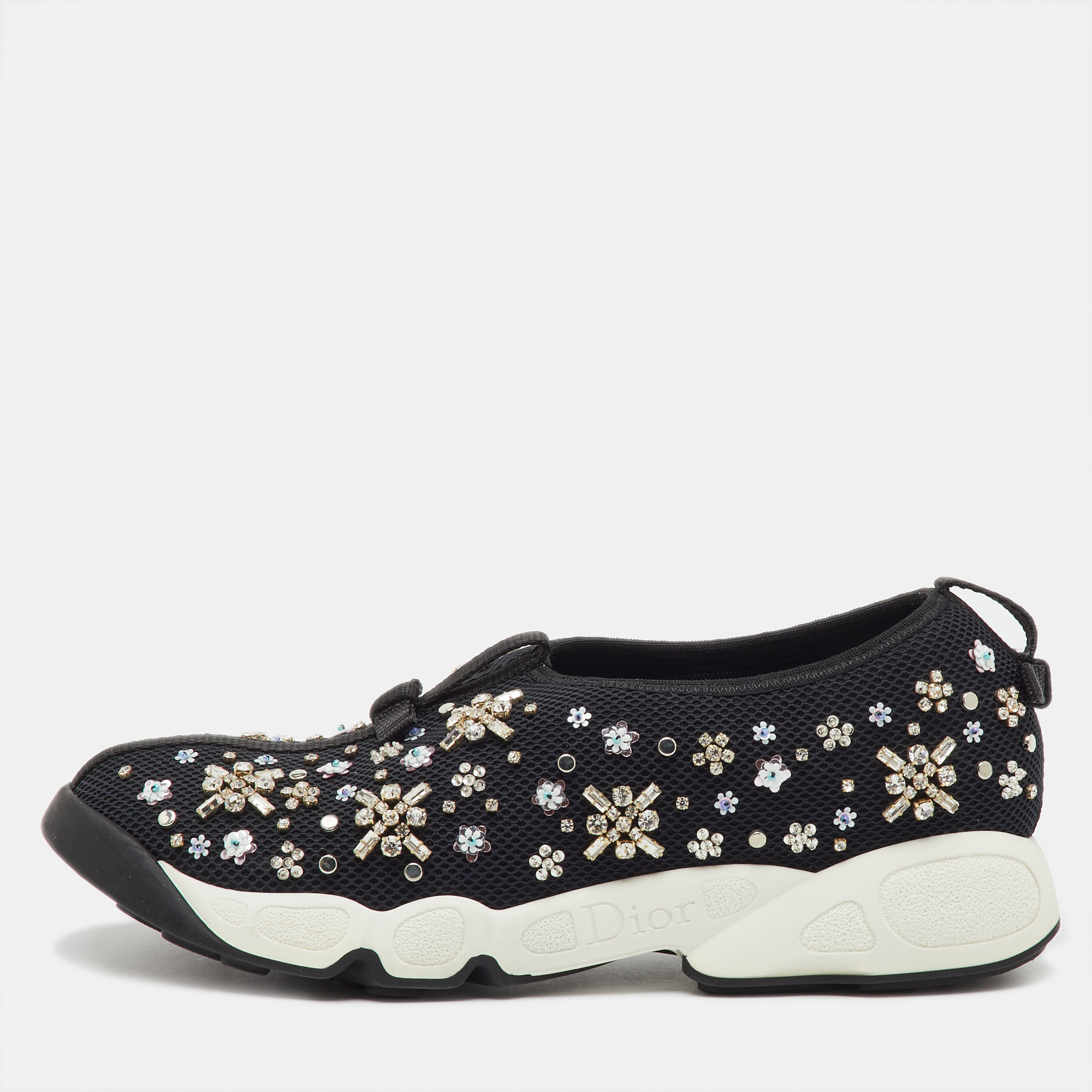 Pre-owned Dior Black Crystal Embellished Mesh Fusion Sneakers Size 38.5