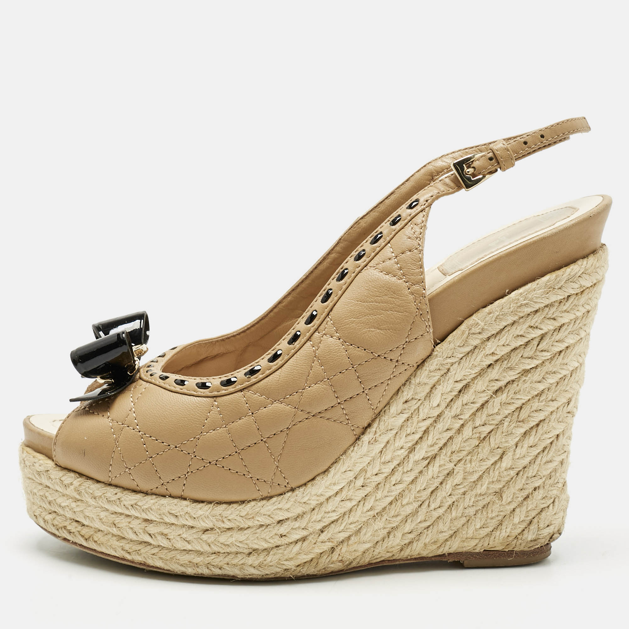 

Dior Beige Cannage Leather Bow Slingback Wedge Pumps Size