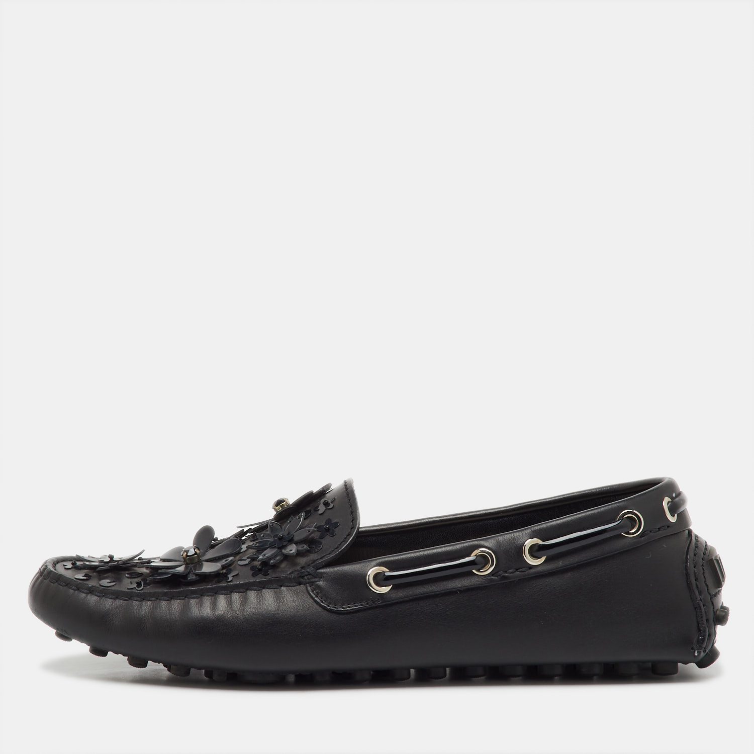 

Dior Black Leather Flower Embellished Driving Loafers Size