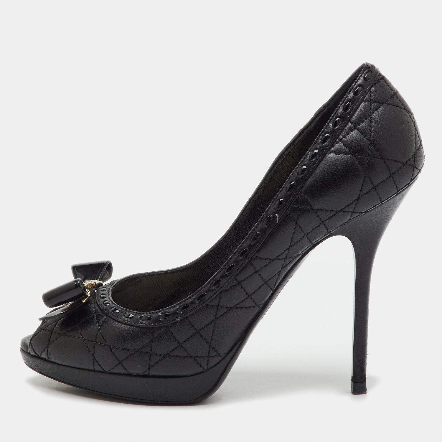 

Dior Black Quilted Cannage Leather and Patent Bow Detail Peep Toe Pumps Size