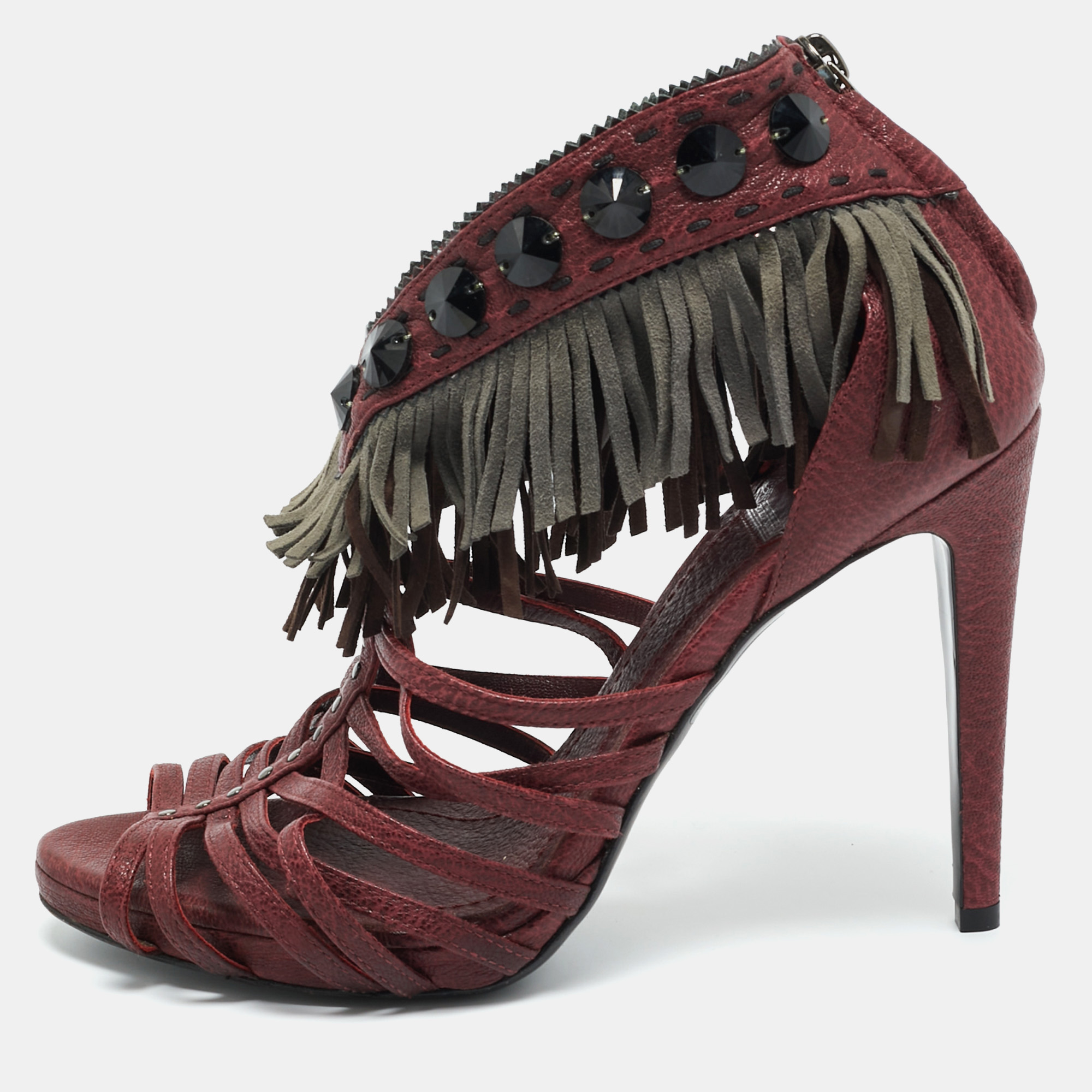 Pre-owned Dior Burgundy Leather And Suede Fringe Ankle Strap Sandals Size 38