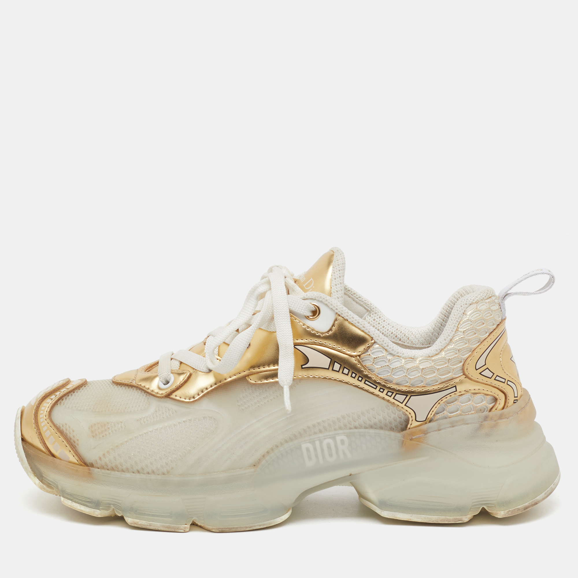 Dior White/Gold Rubber, Mesh and Leather Vibe Low Top Sneakers Size 37