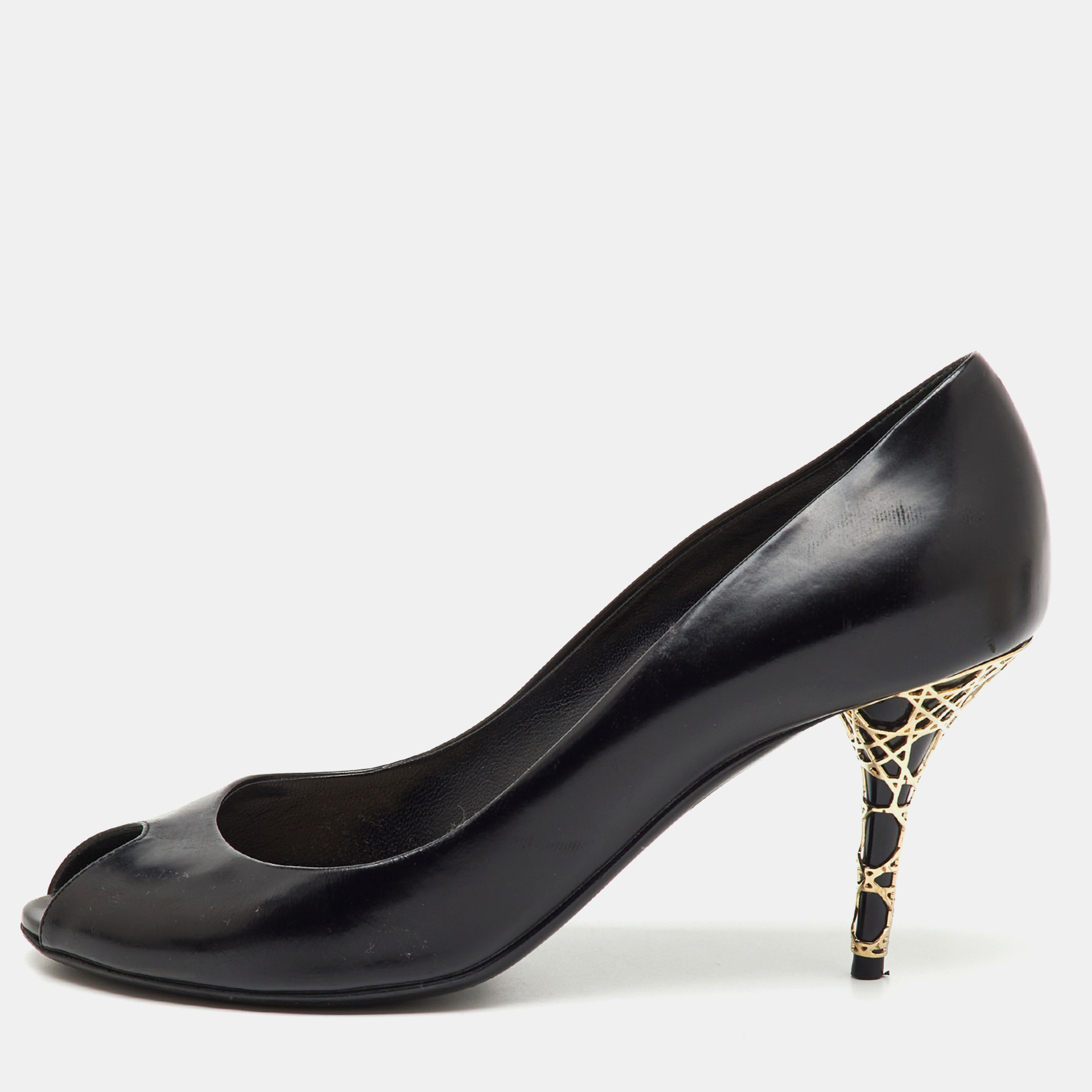 

Dior Black Patent Leather Cannage Heel Peep Toe Pumps Size