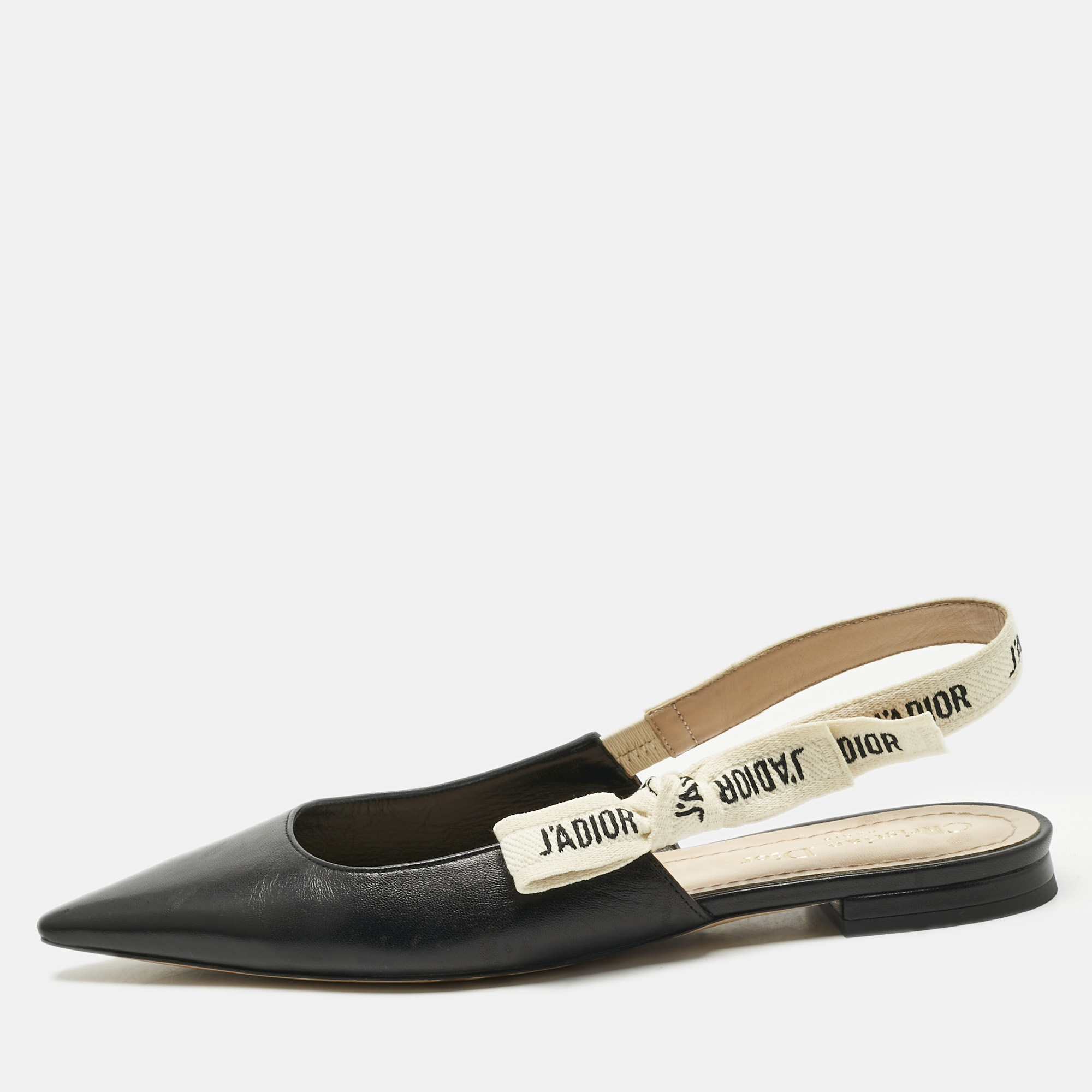 Dior Black Leather J'adior Slingback Flat Sandals Size 38