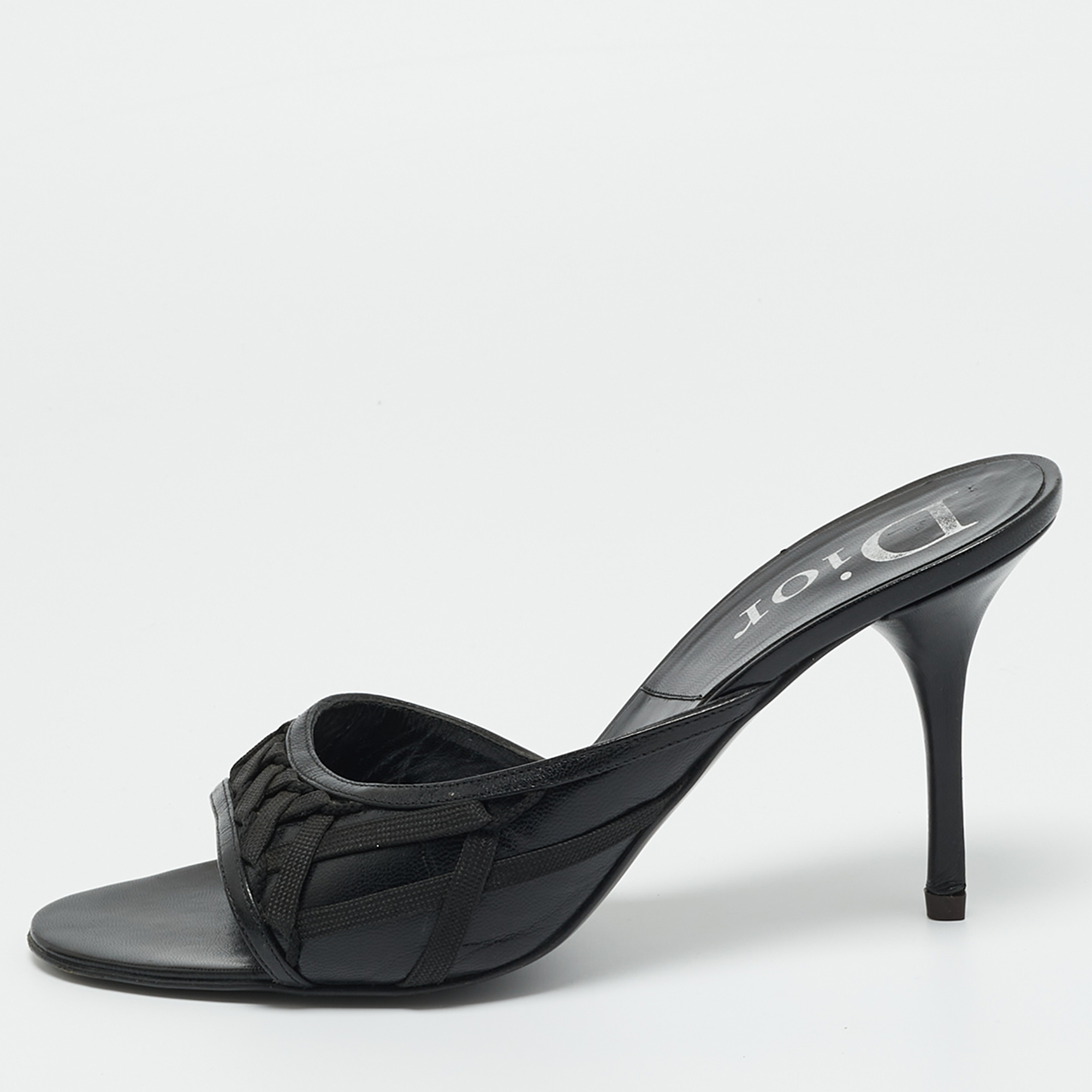 Dior Black Leather and knit Fabric Open Toe Slide Sandals Size 41