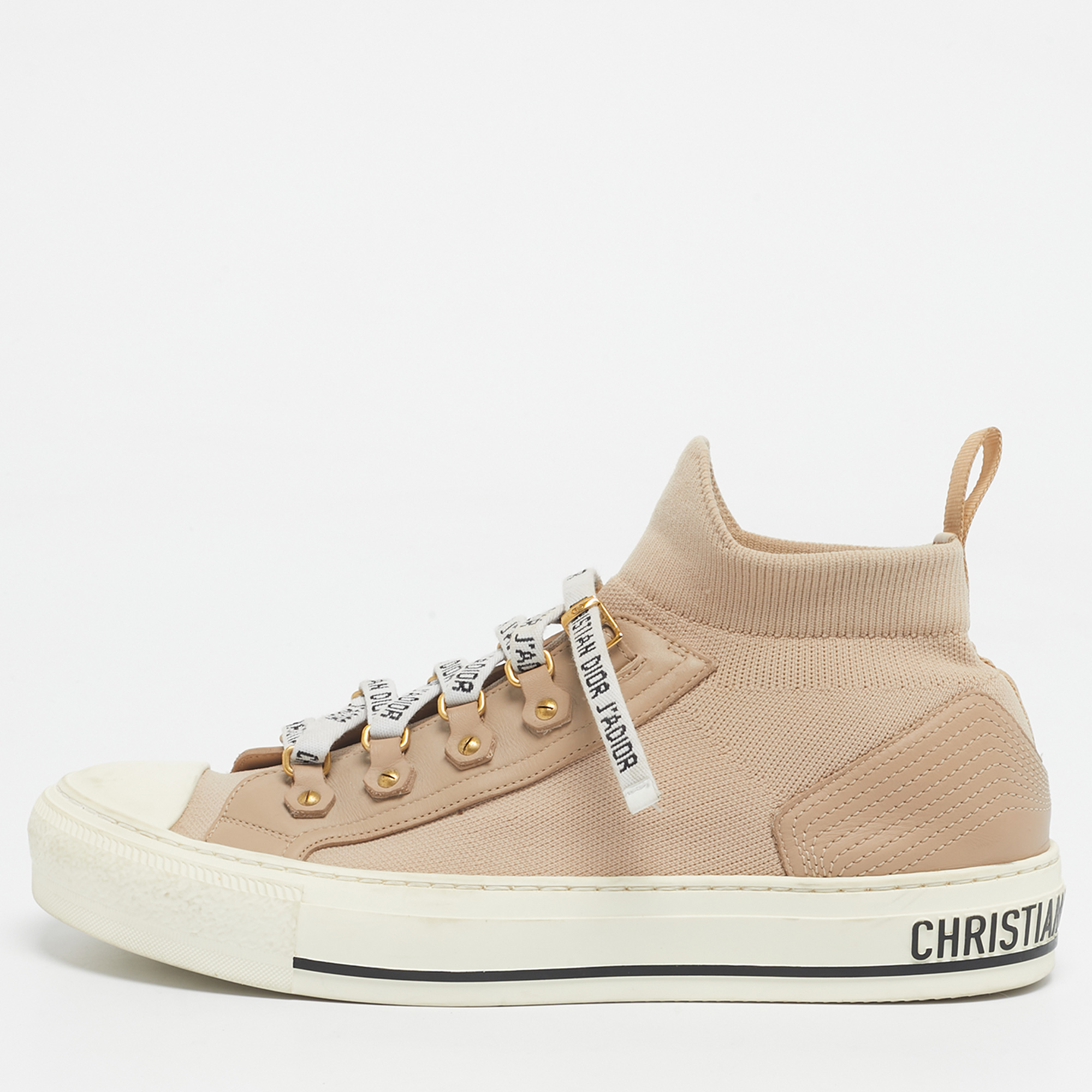 Dior Beige Knit Fabric and Leather Walk'N'Dior High Top Sneakers Size 39