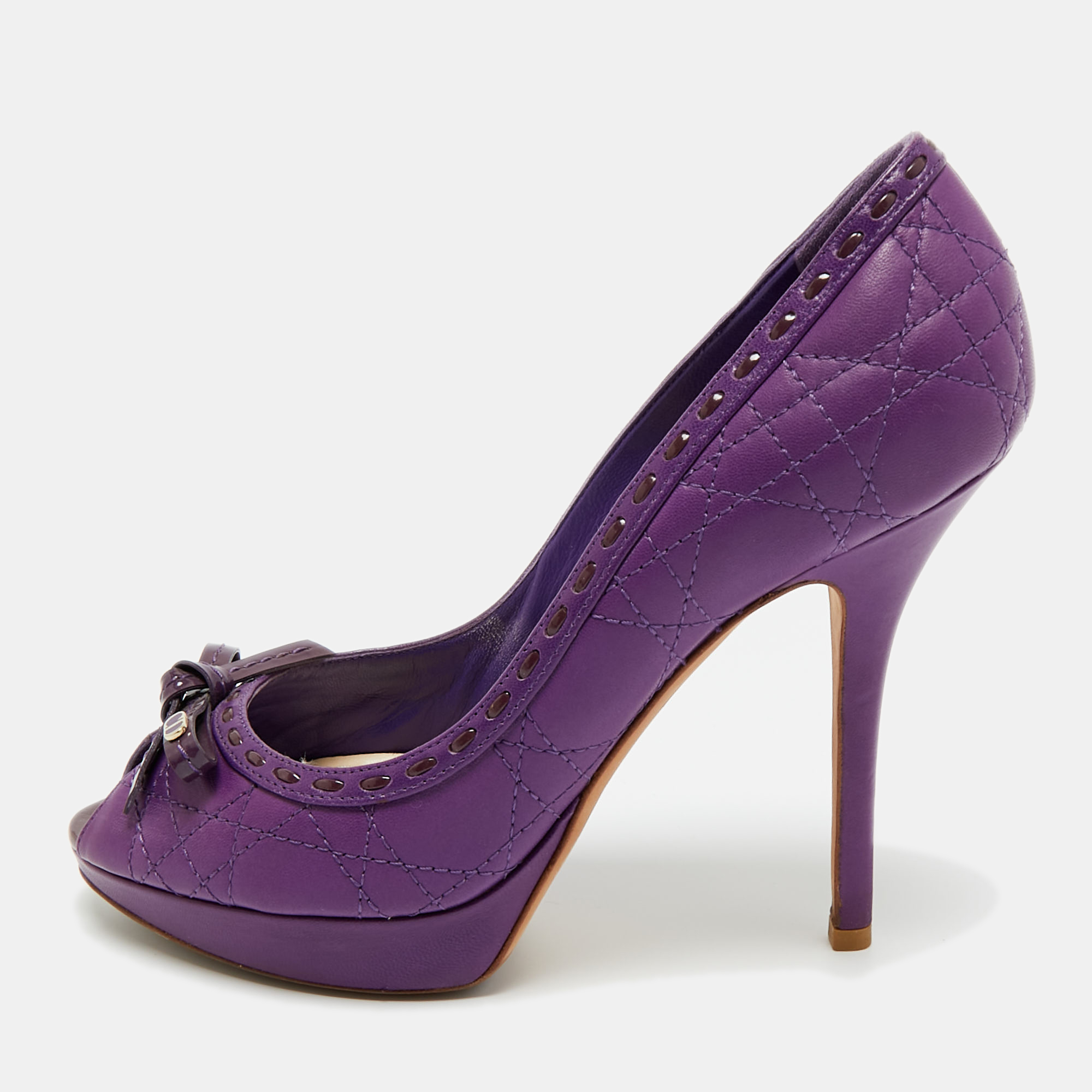 Pre-owned Dior Purple Cannage Leather And Patent Bow Peep Toe Platform Pumps Size 38